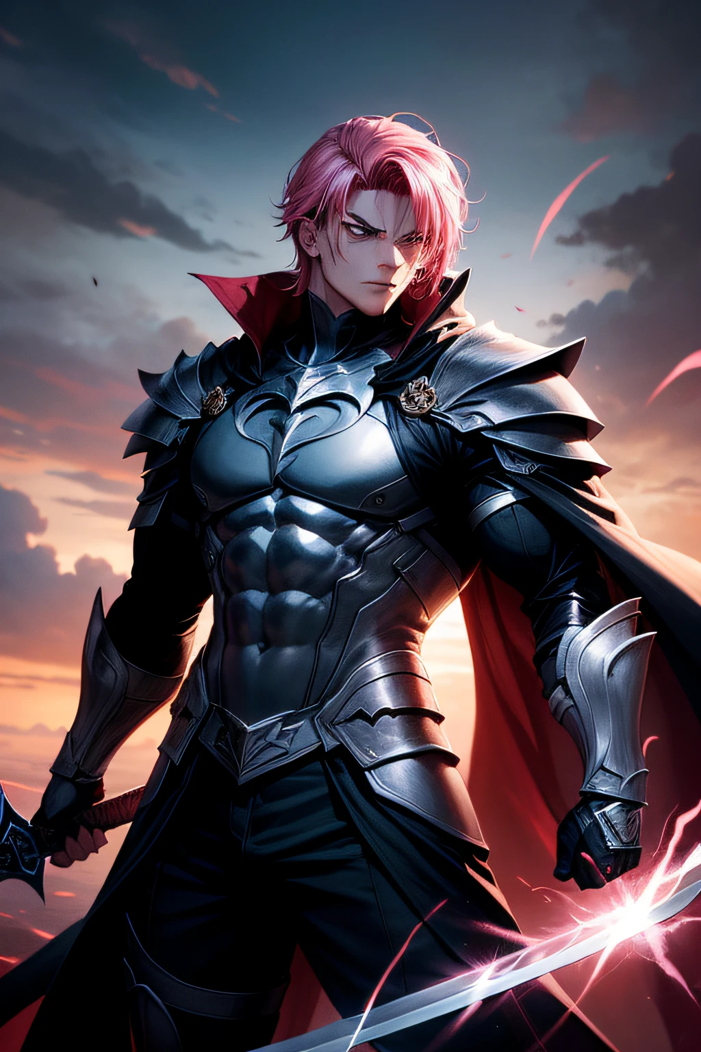 "1 boy with piercing blue eyes, vibrant pink hair, and a muscular build, embodying the essence of a dark knight. He wields a massive, awe-inspiring two-handed sword and is adorned with a flowing, billowing cape. Strike an epic pose amidst a grand and majestic scene."