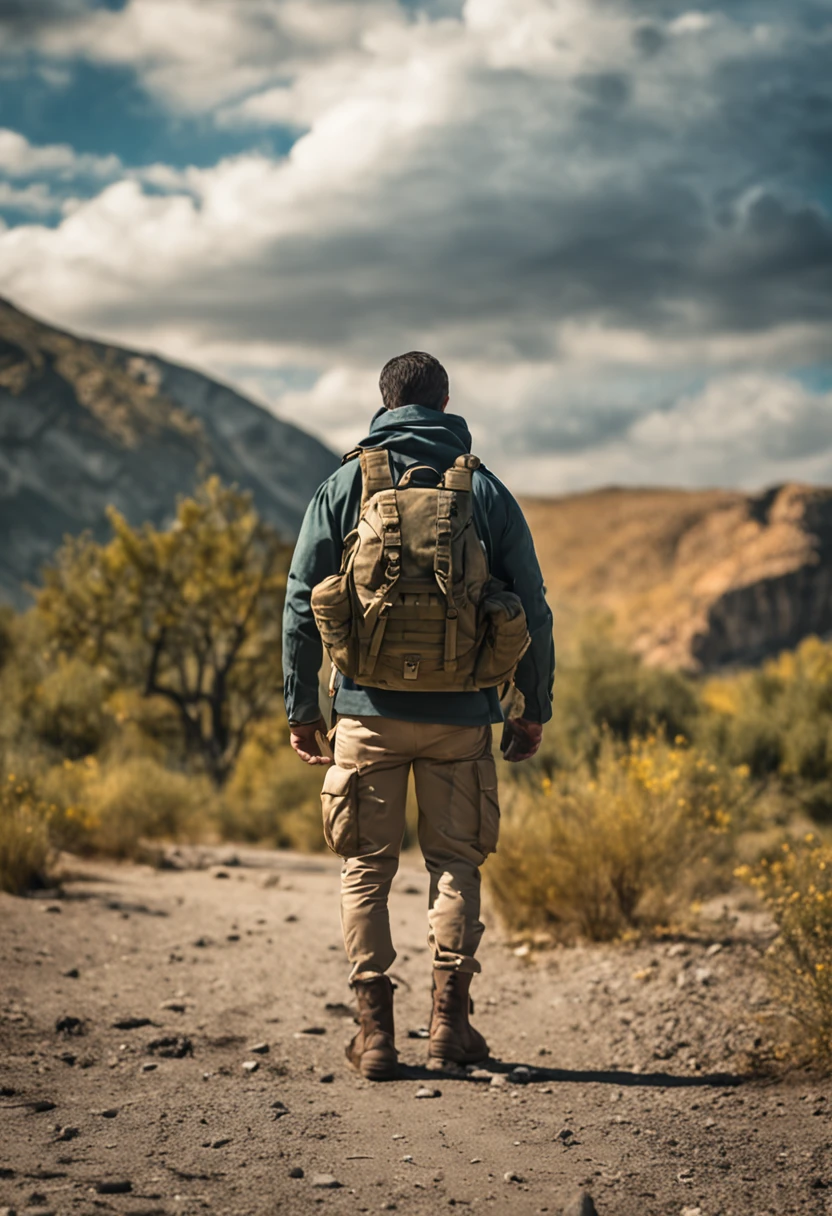 Generate an image of a resilient man looking directly at the camera. He's wearing a tactical long-sleeved military shirt, carrying a tactical military backpack. His clothing is slightly torn, and he stands in the midst of a city in ruins