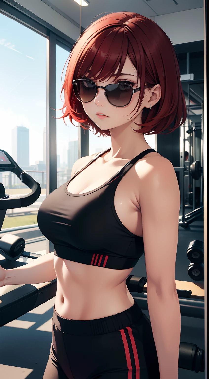 Young girl, red short hair, brown eyes, mafia, sunglasses handle, Masterpiece, hiquality, at the gym club