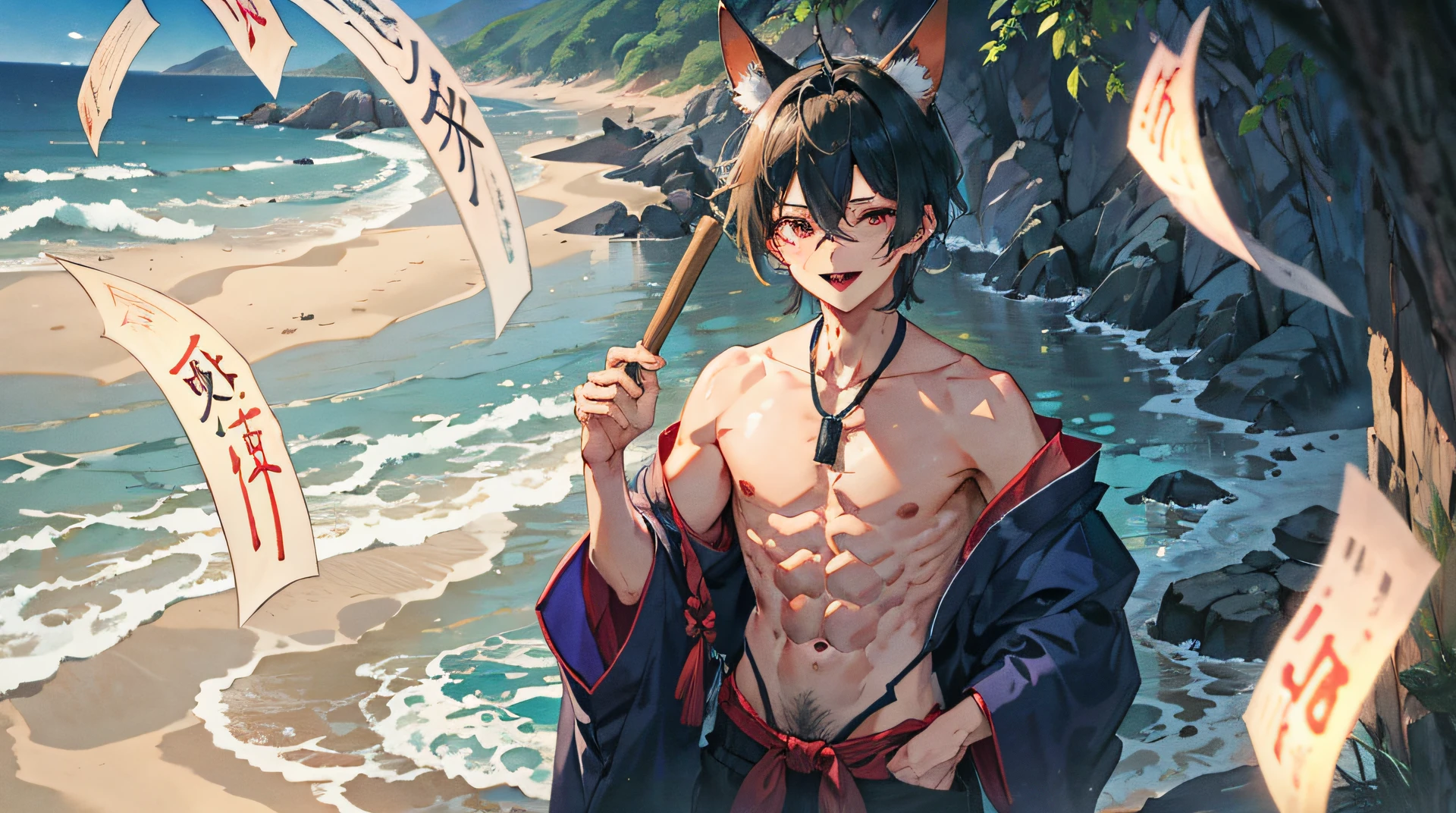 On the seaside,Character hair,Stick out your tongue,mtu,Adult male,fullnude,Abs,锁链,dog ears,The erection,Love eyes,eventide，a boy,GameCG，Natsuhiko，Indecent expressions，No clothing