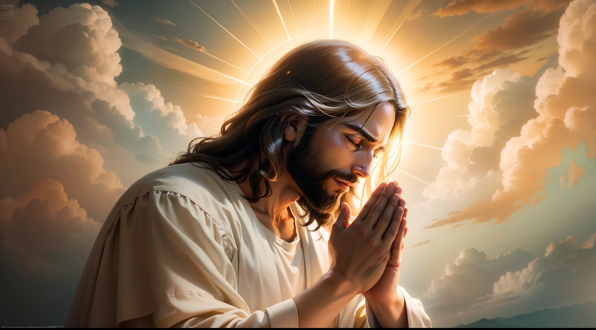 Closeup of an image of Jesus Christ praying and blessing, perfeito, Reslistic, Biblical setting, celestial scenery, sol e nuvens ultras realistas, flores e velas, Jesus illuminated from heaven