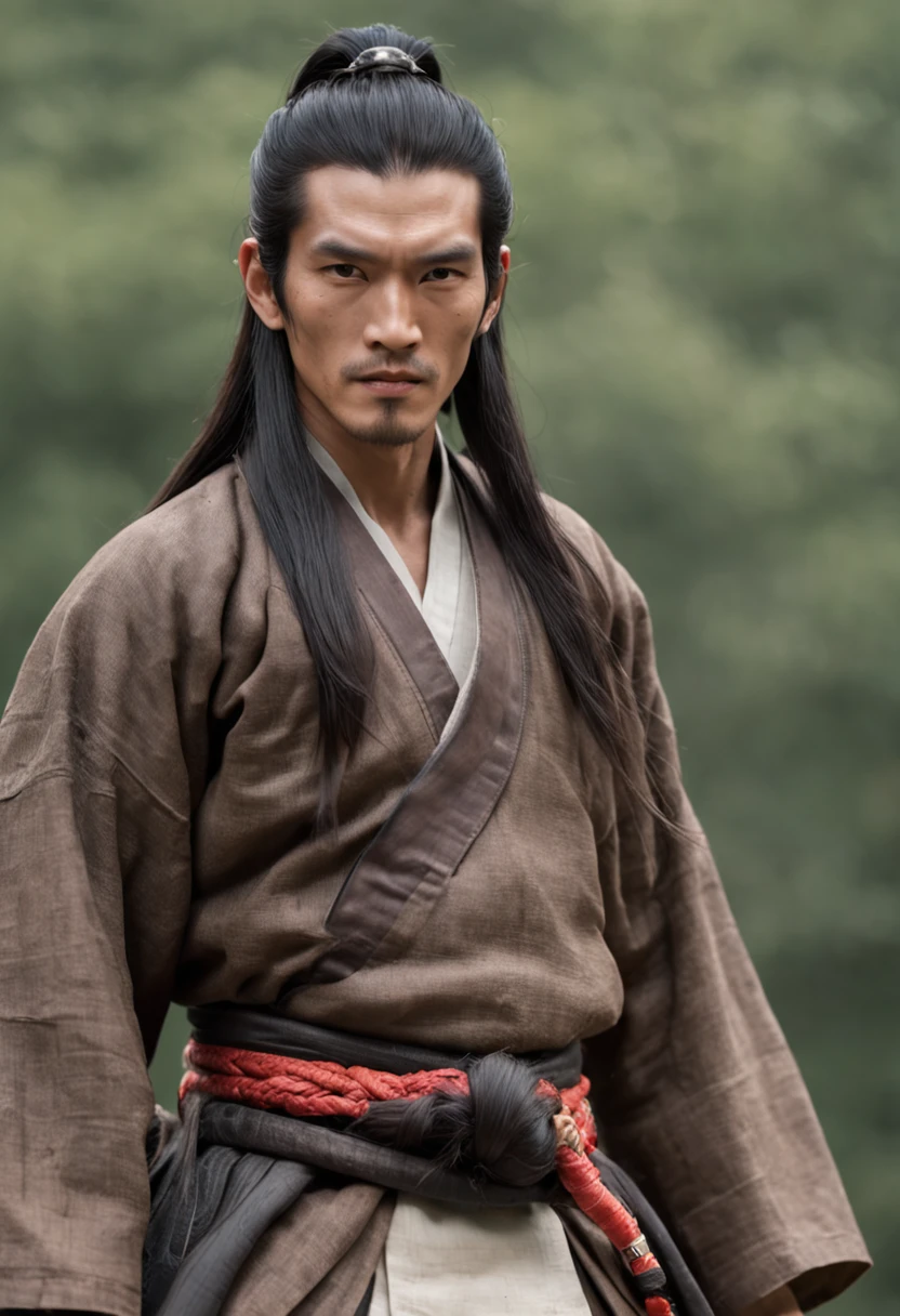 Martial arts novel Dragon Babu Gang leader Qiao Feng，Ken Takakura, Tall and strong，Long hair，The face is densely covered with short whisker roots，Darkening of the skin， Burlap