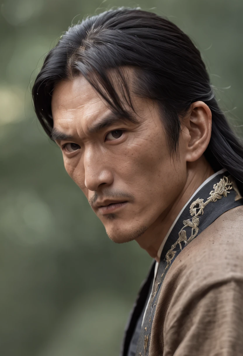 Martial arts novel Dragon Babu Gang leader Qiao Feng，Ken Takakura, Tall and strong，Long hair，The face is densely covered with short whisker roots，Darkening of the skin， Burlap