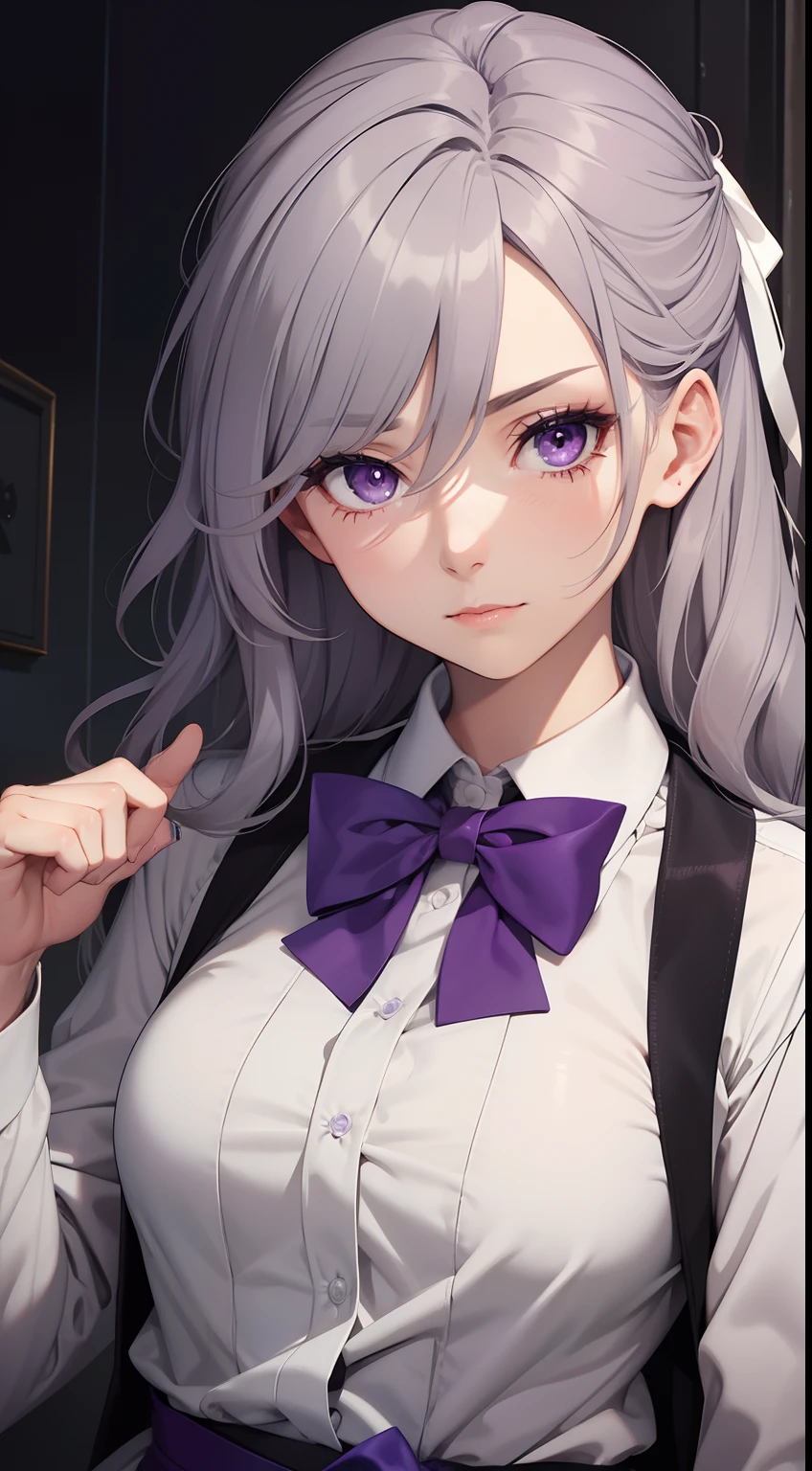 mature girl, grey wavy hair, violet eyes, bow tie, designer, martial arts, Masterpiece, hiquality, scornful
