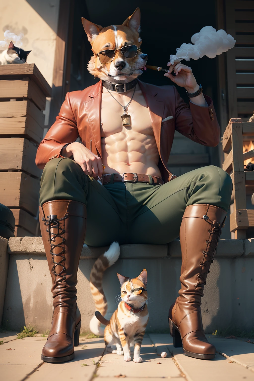 Perrito of the cat in boots with sunglasses and smoking cigar, segurando arma de fogo na pata