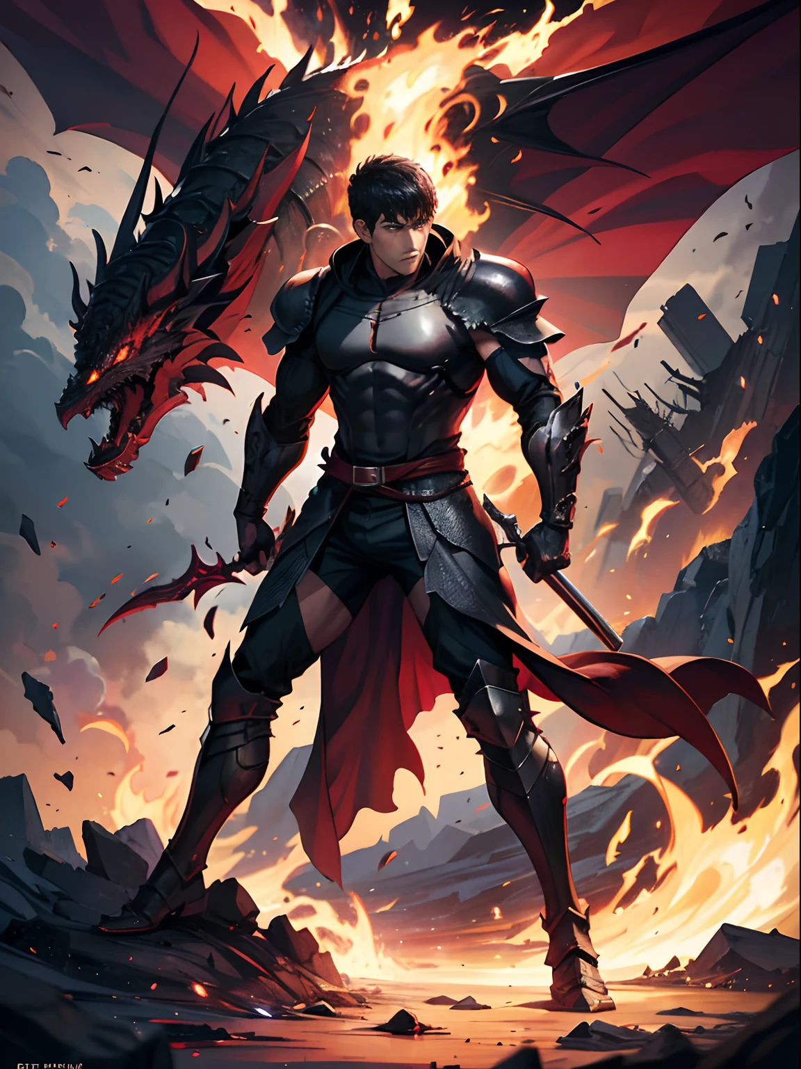 Full body scene of Guts (Berserk) with black hair, look at you, handsome face, cold, fiery eyes, center, full body wearing black armor inspired by demon dragon scales reflecting hell fire and purple lightning.