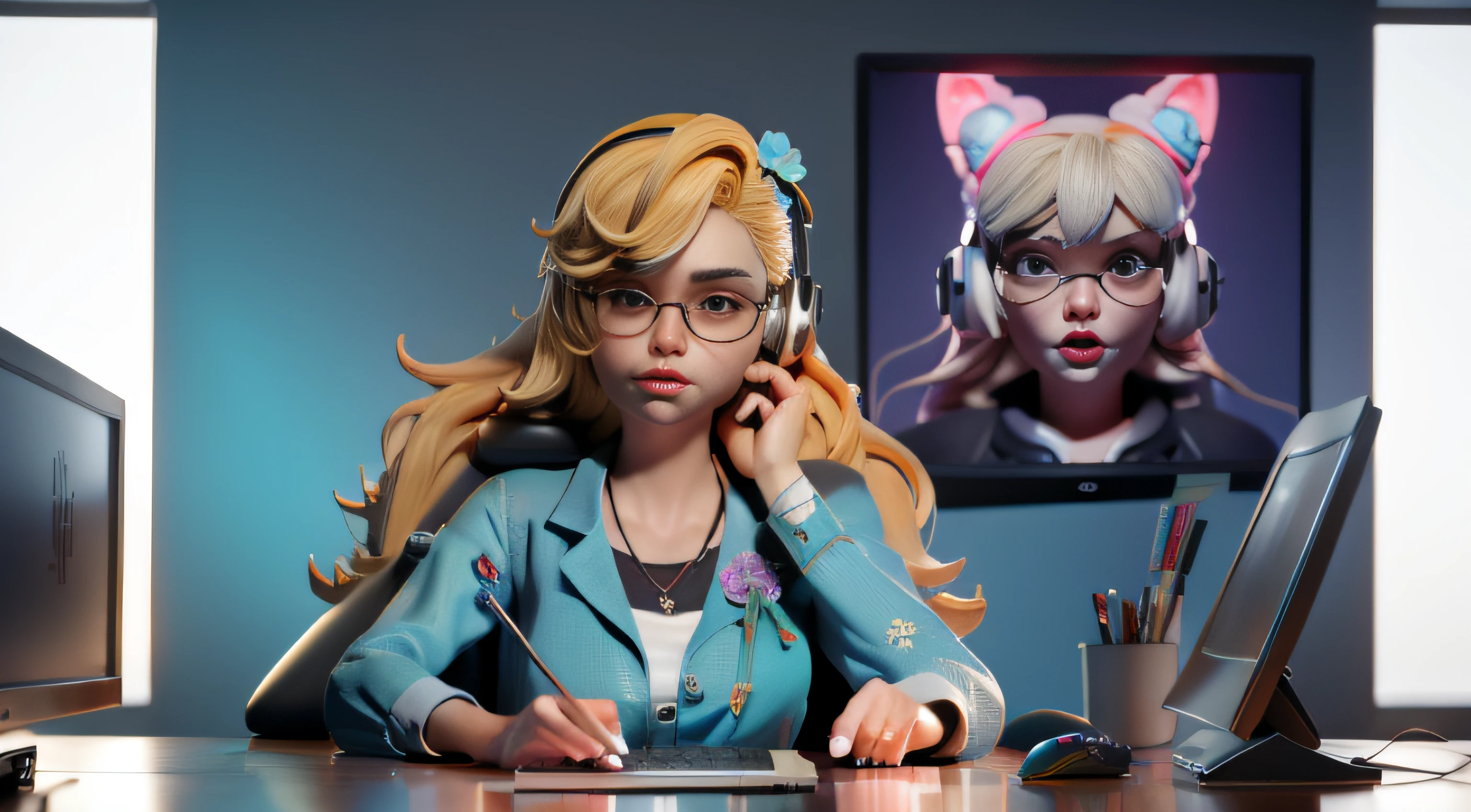 "Stylized 3D Model LoRA, depicting a gorgeous blond geek named Lora sitting behind a desk, hands on  the desk, immersed in her computer setup like a professional streamer, she is wearing turquoise floral crop hyperrealistic photography, niji 5, hands on the desk . The artwork is rendered in ultra-high-definition super detailed emotions and face details, (UHD) with an ultra-realistic aesthetic."