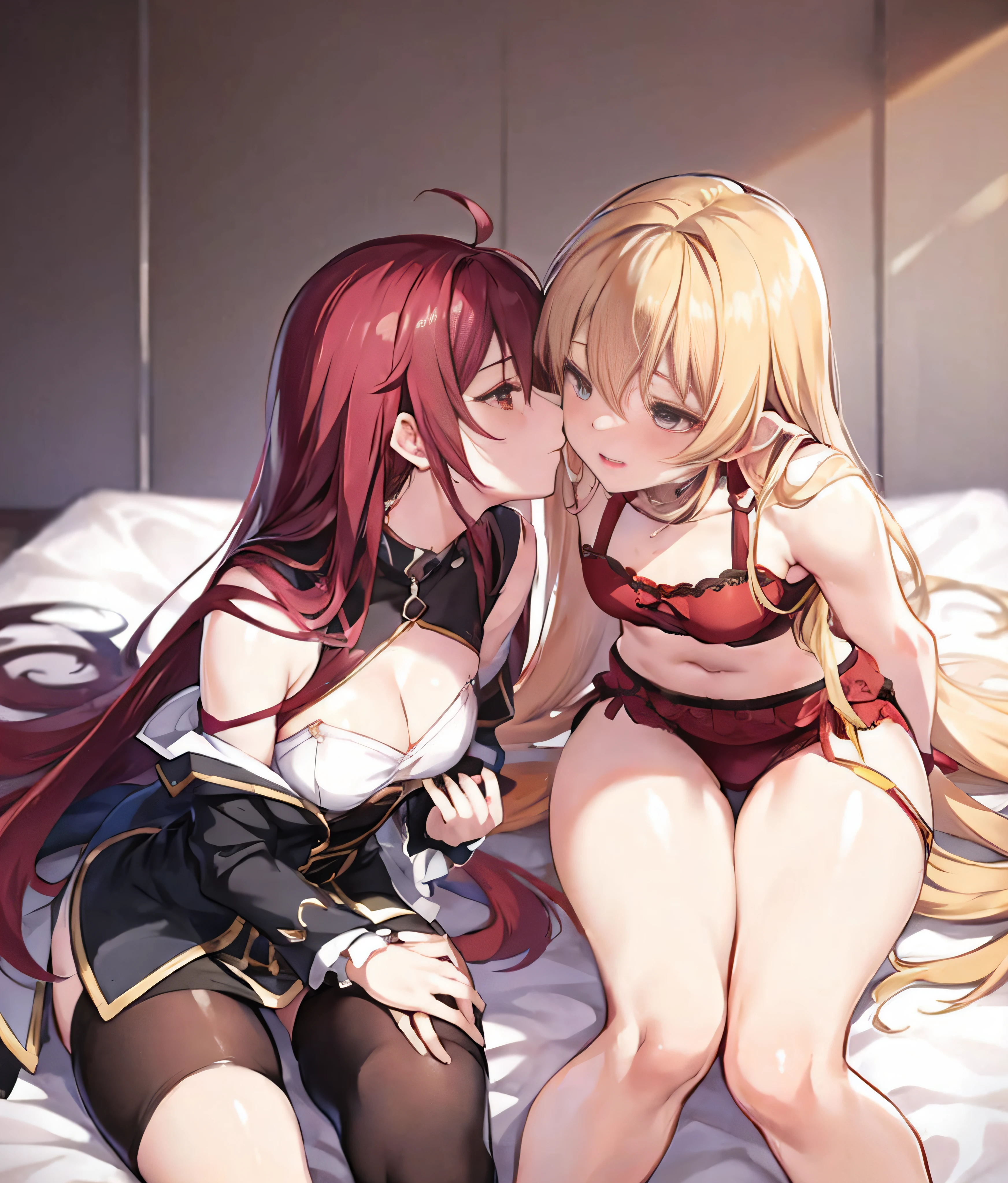 Anime - imagem de estilo de duas mulheres em lingersuits sexy em uma cama, beijando juntos fofos, beijos juntos, beijando-se, duas lindas garotas de anime, Wlop e Sakimichan, Impacto de Ayaka Genshin, Do videogame Azur Lane, Personagens de Azur Lane, Jazza e Rossdraw, cushart krenz arte chave feminina