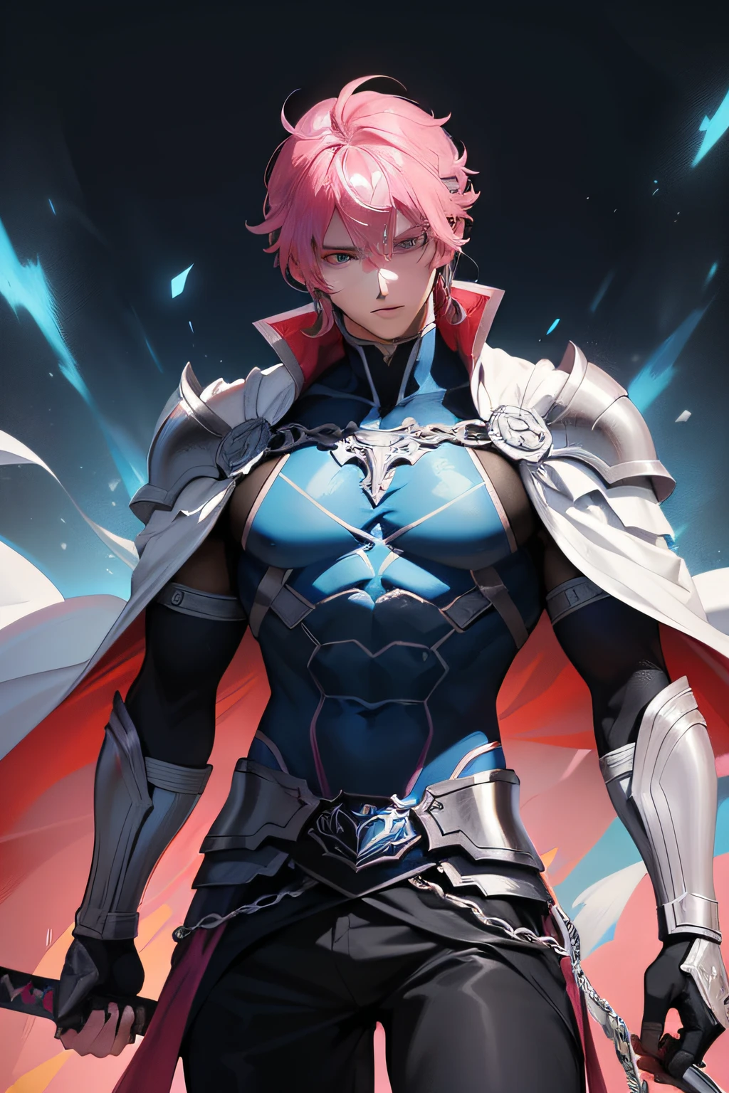 "1 boy with piercing blue eyes, vibrant pink hair, and a muscular build, embodying the essence of a dark knight. He wields a massive, awe-inspiring two-handed sword and is adorned with a flowing, billowing cape. Strike an epic pose amidst a grand and majestic scene."