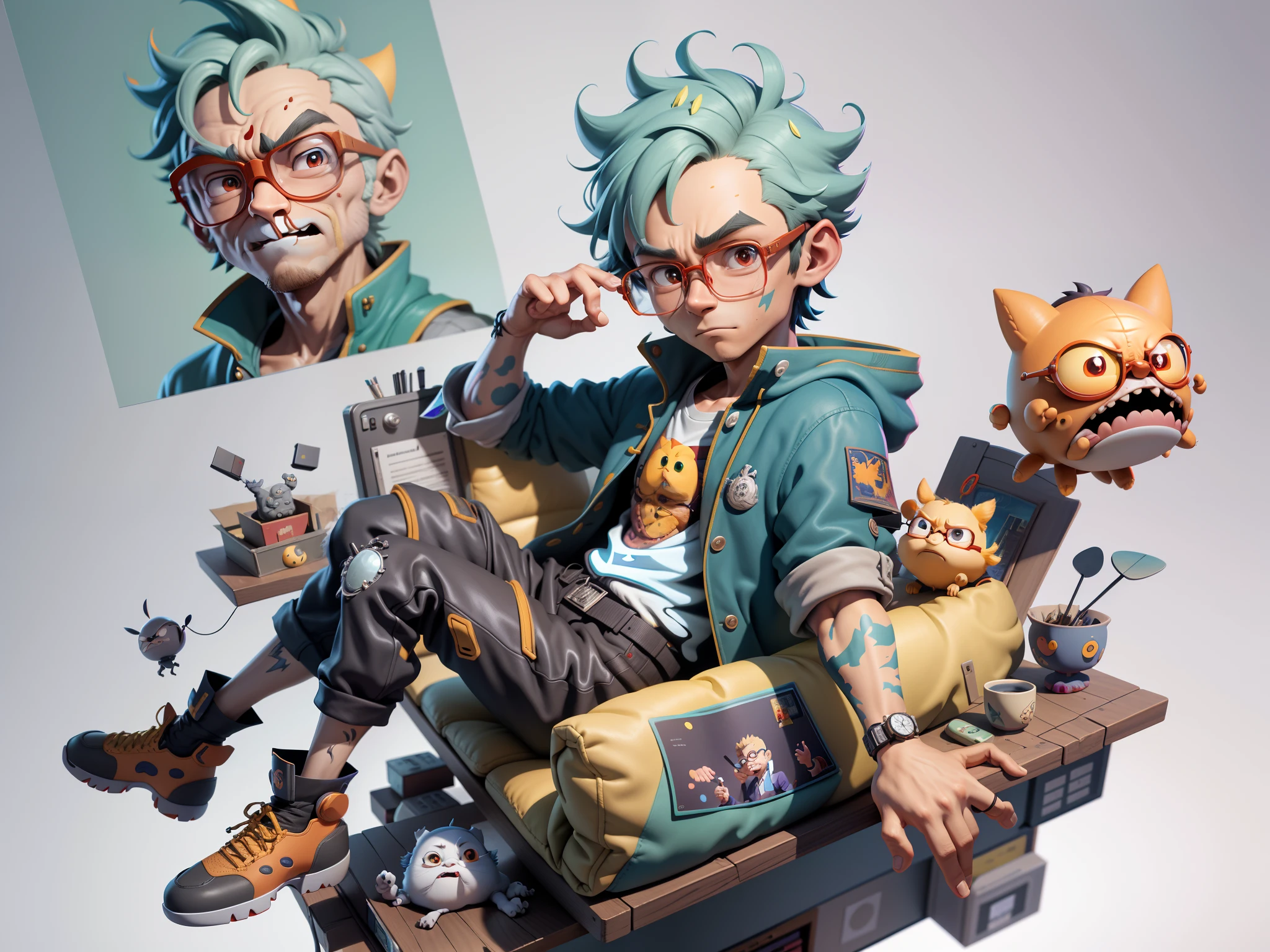 A young man with glasses sits at his desk,holding laptop,digitial painting,3D character design by Mark Clairen and Pixar and Hayao Miyazaki and Akira Toriyama,4K HD illustration,Very detailed facial features and cartoon-style visuals。