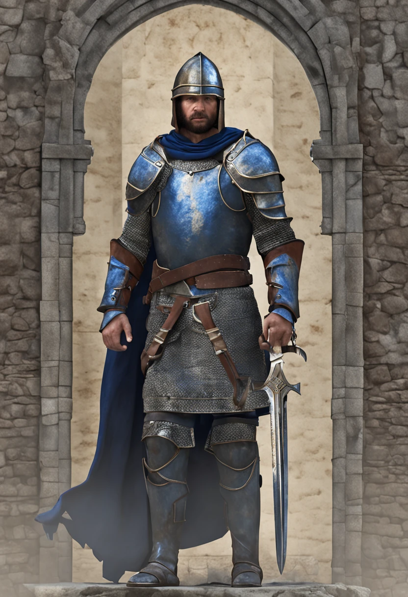 Almirante_01, fotorrealista, de alta qualidade, obra-prima, cinematic composition, slow-motion, (Average photo of a medieval knight, rosto sombrio e desgastado, barba, cabelos grisalhos:1.2), corrente e armadura de placa, (realista e detalhada|armadura intrincada:1.1), (visible face:1.3), (fisionomia fotorrealista|olhos|irises|pele|musculatura, pele detalhada, textura da pele, pele natural), (holding a sword in his hand:1. 2), perspectiva frontal, pose imponente e determinada, Looking forward with determination, skin imperfections, rugas naturais da pele, manchas naturais da pele, roupas altamente detalhadas, detalhes abundantes, detalhes intrincados, rugas realistas na roupa, paisagem de fantasia medieval, clouded skies, castelo ao fundo ao longe, Radiant lighting, sombras profundas, dramatic scene, paleta de cores escuras e frias, tons de azul e cinza, Nenhum outro personagem na cena, detalhes abundantes|intrincados, paisagem detalhada, volumeric lighting, (Detailed lighting), (reflexos de luz detalhados na armadura:1. 1), 8k, altamente detalhado, UHD, HDR, photorealistic facial expression | penteado
