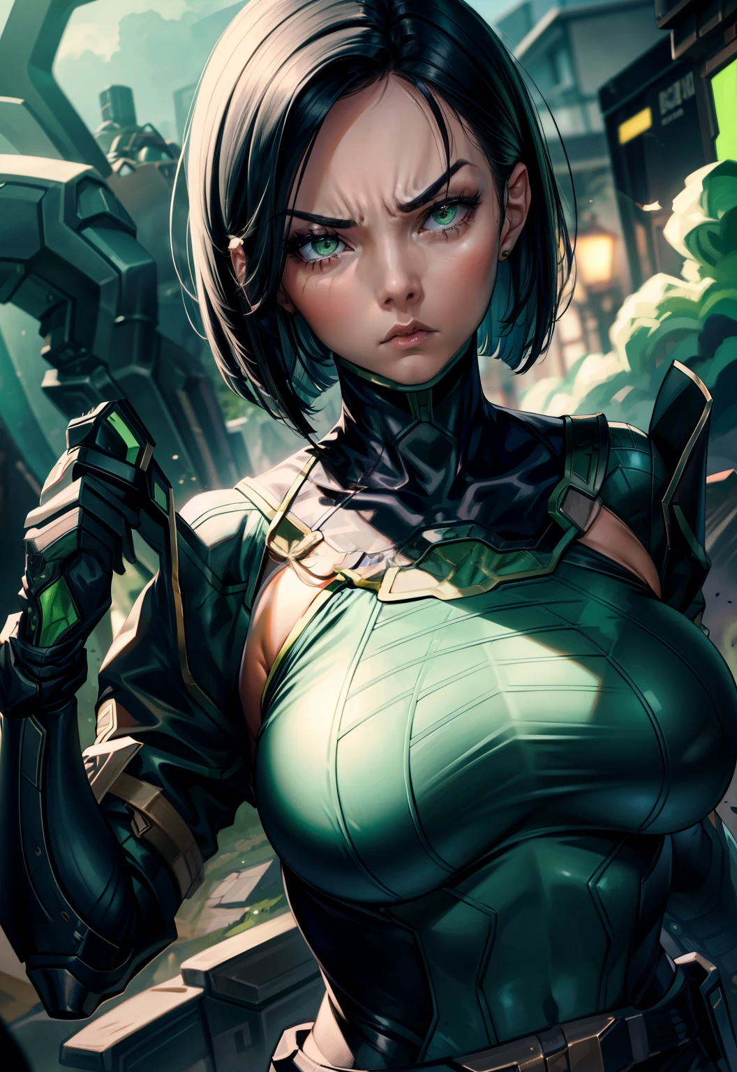 Masterpiece, Best quality,Look at the woman from below ，《Fearless viper》, tightsuit, mitts, belt, thigh boots, respirator, view the viewer, face, Portrait, Close-up, Glowing eyes, green smoke, Black background,huge tit，Raised chest，Close-up of chest，oversized boobs，chest focus，Woman in a swimsuit，angry look，Extremely erotic figure，Staring angrily at the screen，Facing the screen