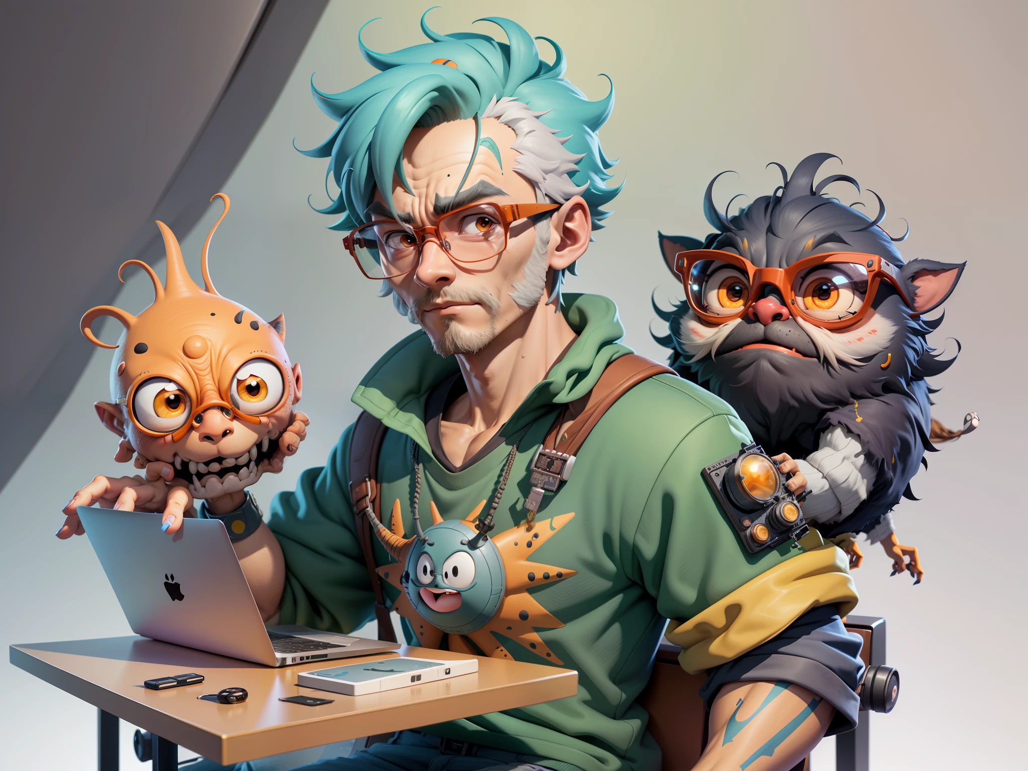 A young man with glasses sits at his desk,holding laptop,digitial painting,3D character design by Mark Clairen and Pixar and Hayao Miyazaki and Akira Toriyama,4K HD illustration,Very detailed facial features and cartoon-style visuals。
