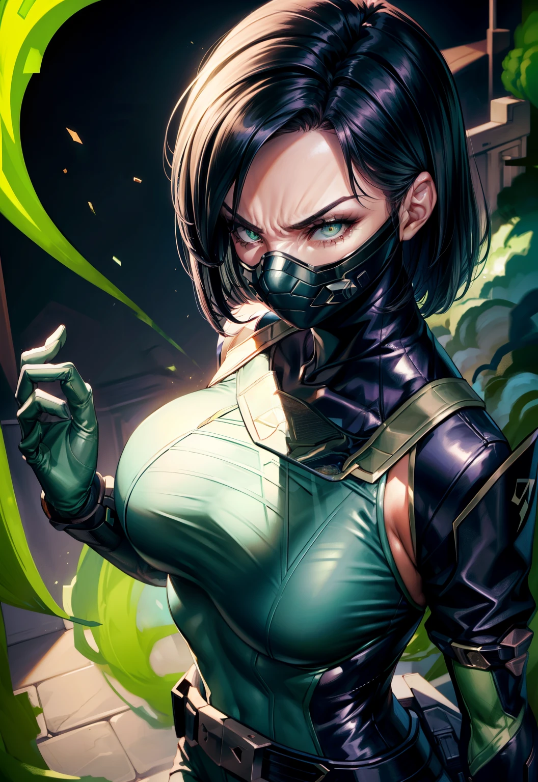 masterpiece, best quality, 《Fearless viper》, Sexy revealing tights, Gloves, belt, boots, respirator, view viewer, Face, portrait, close up, glowing eyes, Green smog, black background,huge ，puff out your chest，close up of chest，Chest focus，Woman in a bathing suit，wistful expression，Extremely person，staring longingly at the screen