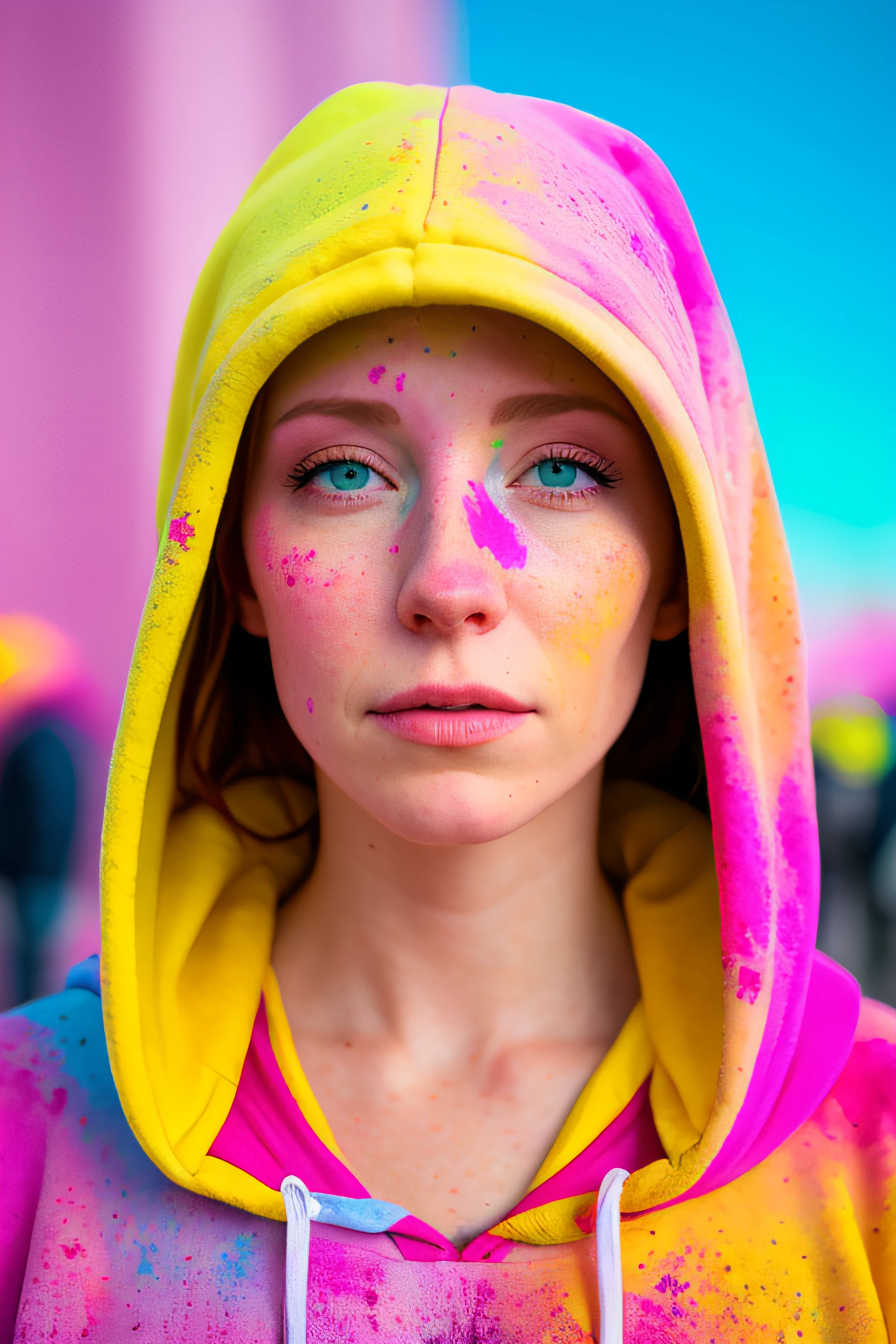 full body shotbeautiful  indian brown skin  woman, wearing light hoodie, big tits,  looking at viewer, holi color festival, , hyper detailed POV, by lee jeffries, nikon d850, film stock photograph ,4 kodak portra 400 ,camera f1.6 lens ,rich colors ,hyper realistic ,lifelike texture, dramatic lighting , cinestill 800,