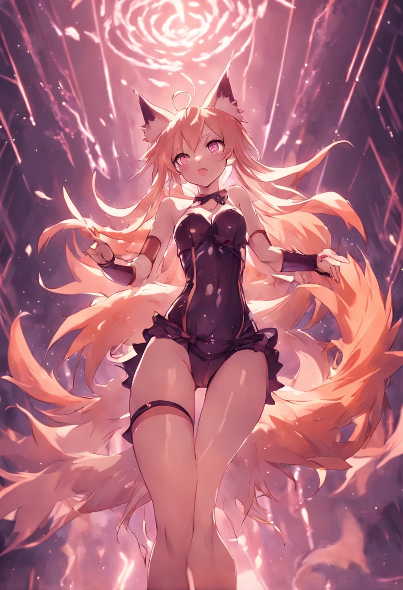 Nine-tailed fox demon(Black high ponytail,Slightly curled hair in front of the ears,Cold white skin)(Glamorous and sexy,Fornication and debauchery,Expose the entire breast,fishnets stockings,Black and purple tight leather clothing,Naked,spread their legs,Seven-doppelganger shot