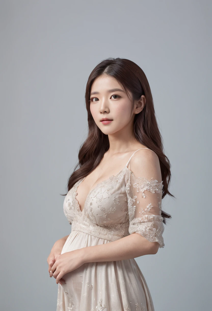 (8K, best quality:1.2), (masterpiece:1.37), (photo, photorealistic:1.5), (ultrahigh-res), full body, pregnant, pregnancy, huge belly, (pregnant:1.5), (big breast:1.5), long dress, IU from Kpop, ((kpop)), (analog:1.2), (high sharpness), (highly detailed photo:1.1), realistic, real shadow, (studio background:1.2), asian face, photographed by Canon EOS R6, 135mm, 1/1250s, f/2.8, ISO 400