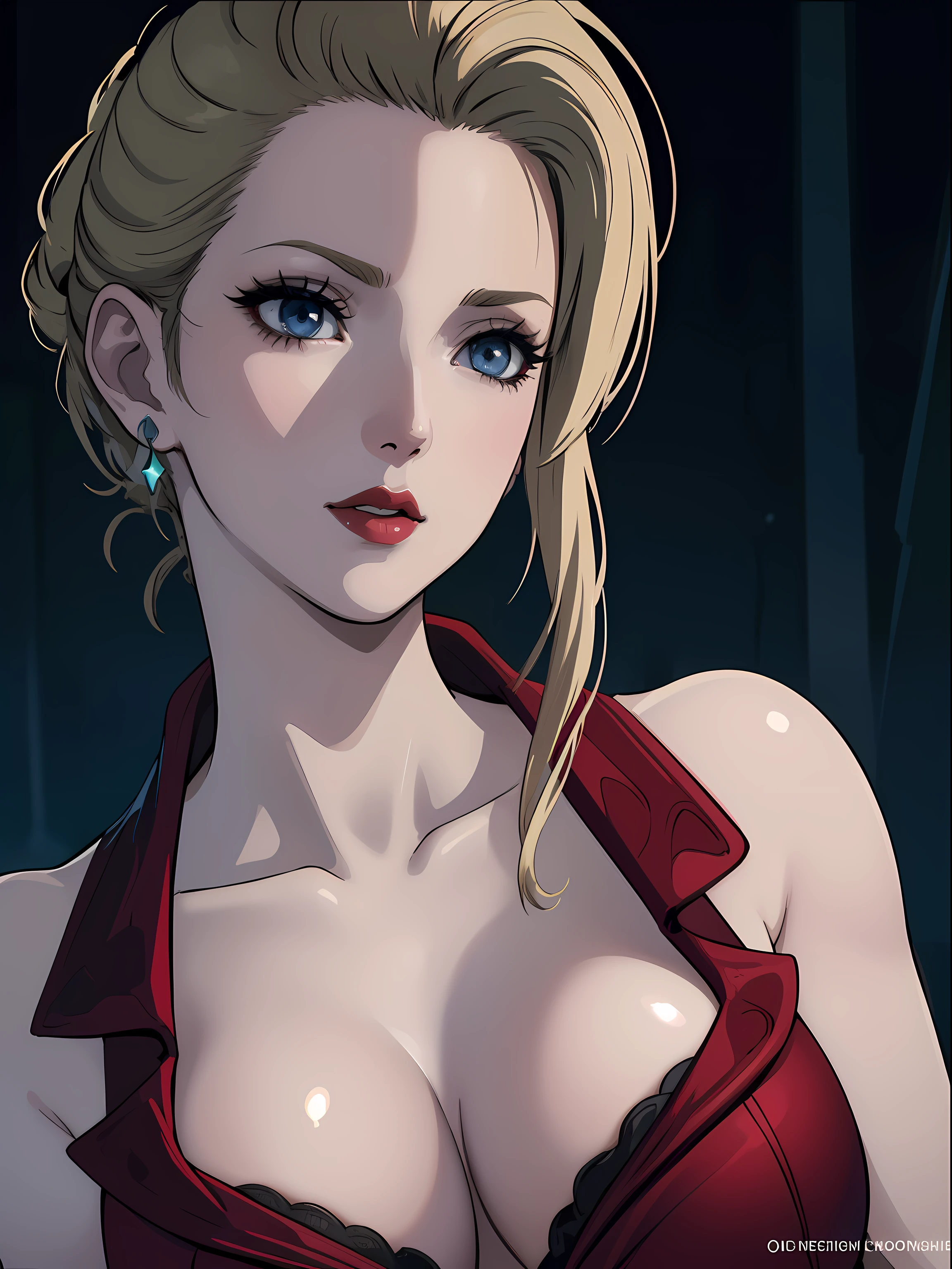 Best quality, masterpiece, ultra high res, 1girl, sexy, in the dark, deep shadow, low key, cold light, milf, dynamic light, cinematic lighting, cinematic lighting, down blouse, mature woman, middle parted hair, nsfw, natural breast, upper body, milf, nsfw, scarlet, final fantasy, blonde, face closeup, face detail, red lips detail, white background,