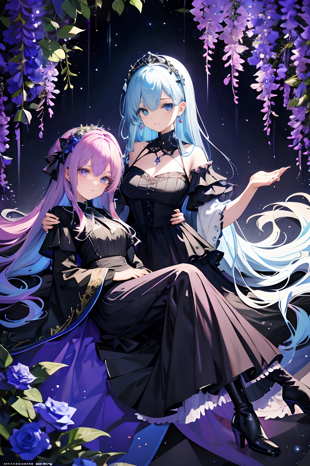 Double，2 Teenage girls，Blue rose，Gothic art，dream magical，starrysky，1 girl with blue hair，1 girl with pink hair，Sea of blue roses，cropped shoulders，Long flowing hair，Mare，leather boots。classical，long  skirt，Gorgeous skirt，nobles，Miss Elegance，Blue rose，Beautiful and moving，hair accessory with blue rose，Stroll through the Blue Rose Garden，Correct human proportions，Multi-layered skirt，Rose necklace，Rose earrings，Flowers in the hair，looks into camera，lilac colors，ellegance，nobles，French braids，Noble，Flashy clothes，Multi-layered skirt，Lilac eyes，Black purple dress，ssmile，vases，Purple vines，Blue vines，Pink clouds，solo person，Normal human body，Whole body diagram，palaces，Resplendent，rainy evening，Blue-pink gradient background，Devil figure，Tulle maxi dress，sci-fy，Normal human body，，A woman in a dress，There is a butterfly on the shoulder，There is a butterfly on the shoulder，In front of a purple background，Alice Spring，purpleish color，figure portrait，Gothic art，butterflies flying，Whole body diagram，celshaded，8K detail post-processing，magnifica，hyper photorealism，8K，Epic composition，Complicated details，unreal-engine，Ishifuji，purple gemstone，Behind you is a sky background of stars and clouds，Alice Spring，Ross paints global illumination，a hologram，Rococo，Glazed crystal lamp，wisteria，age-old tree，Parasitized by vines，Lie down，It is surrounded by colorful vines，grape trees，entangled，The hand is entangled in vines，The legs are entangled in vines，The Witch，Vine Witch，Purple Witch，with long coiled hair，(Extremely detailed CG unifies 8K, 8K, Diamond, and Wallpaper),(((Masterpiece))), (((Best quality))), ((Ultra-detailed)), (Best Illustration),(Best shadow),Blue starry sky dress，（There are flying black ribbons on the clothes），Browse the photo frames，The head is blocked by flowers，The eyes are blocked by flowers，Two women lying together