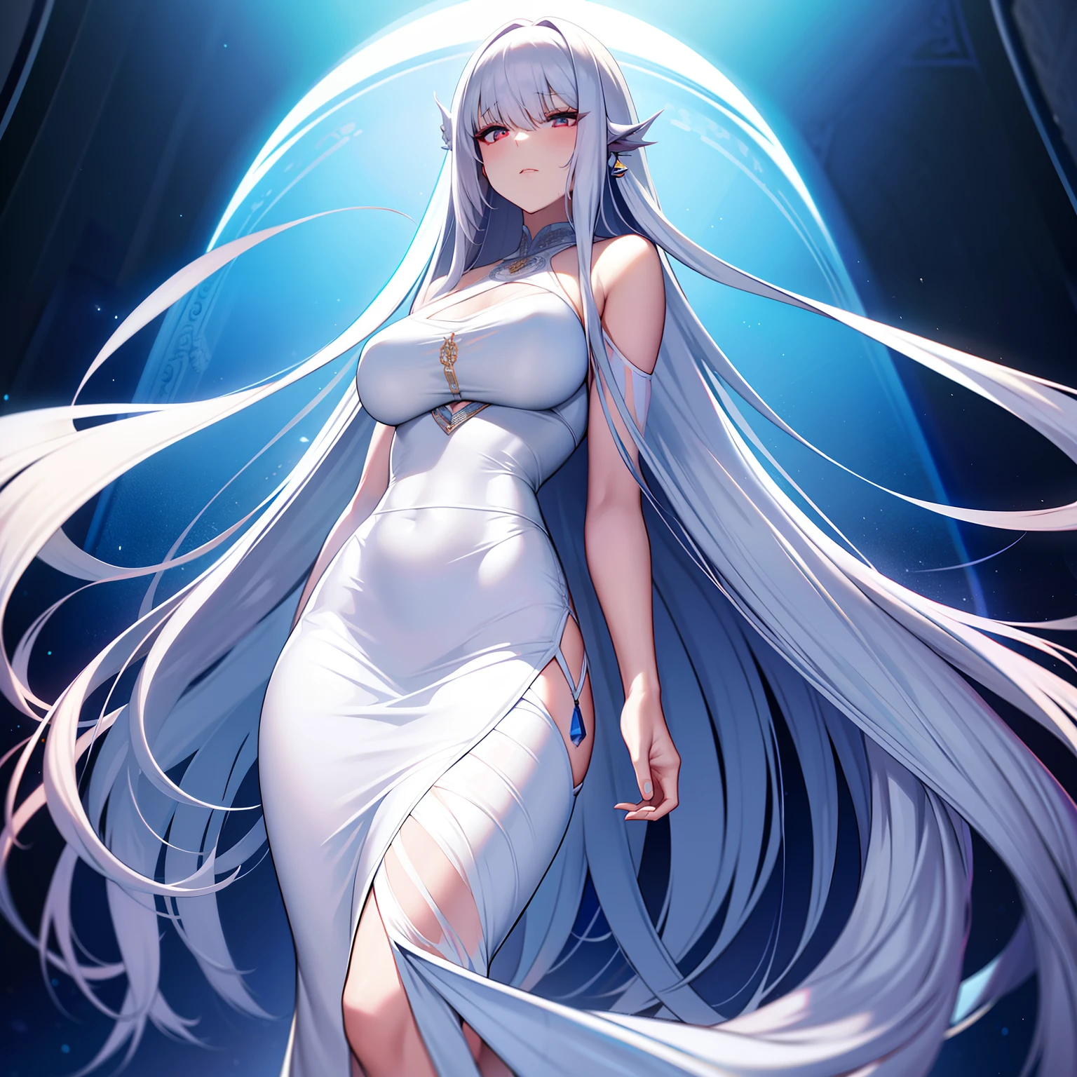(((I want a dragon woman alone, fair skin, long white hair with hairstyle, cold blue eyes, slightly curvy body, medium breasts, wearing pretty dress)))