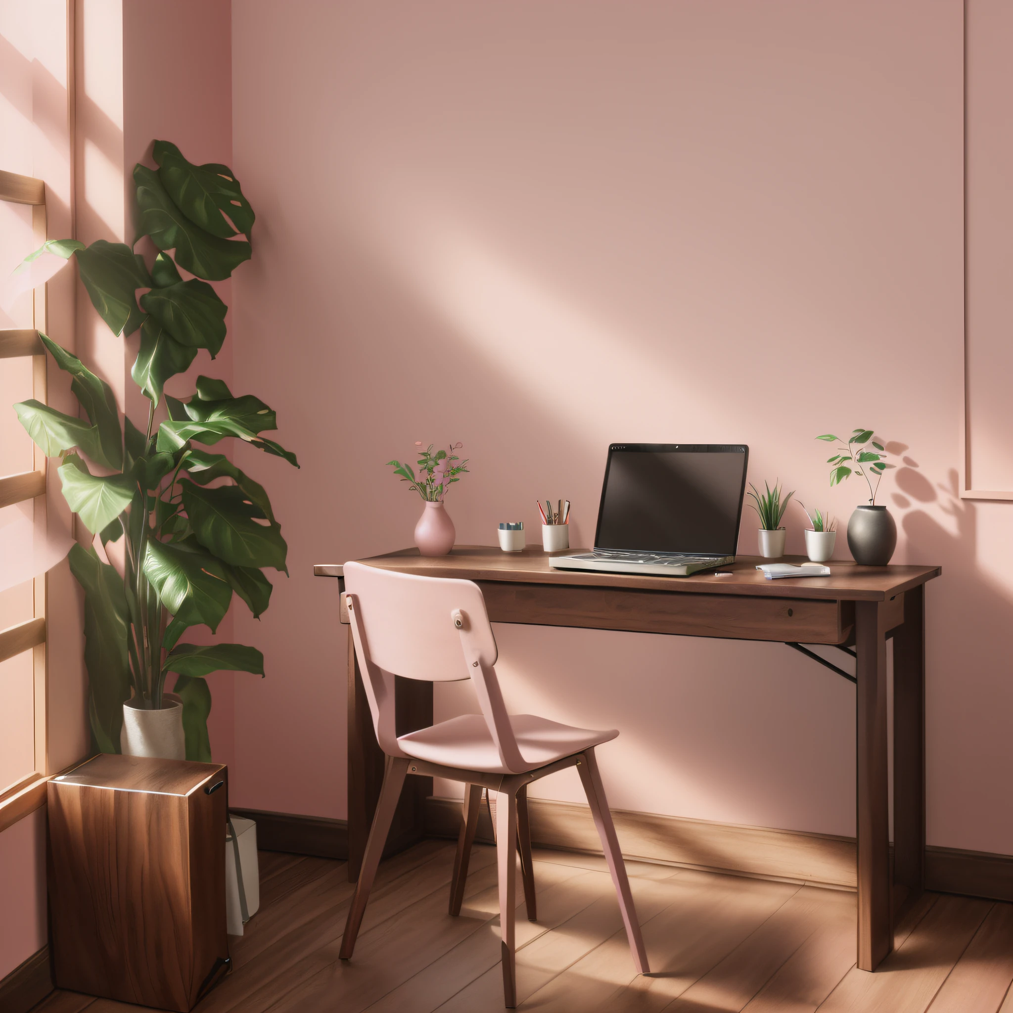 There is a (((brown wooden desk with a laptop))) and a (dark wooden chair in front of a window), ((light pink color wall on the left)), realistic afternoon lighting, rendered in V-Ray, photorealistic cinematic render, detailed natural soft lighting, atmospheric render, archviz, natural realistic render, vibrant volumetric natural light, rendered in lumion pro