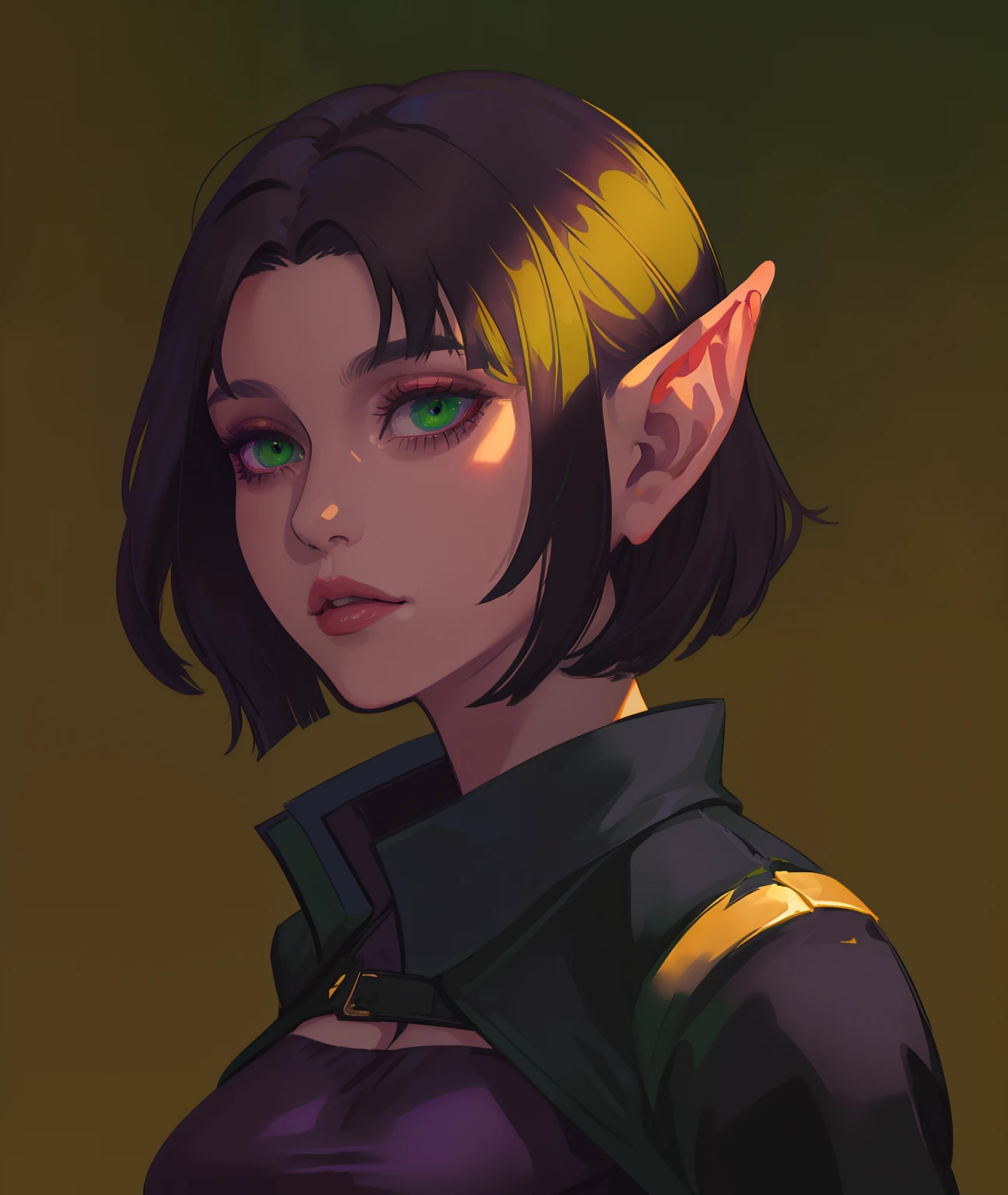 a close up of a woman with a green eye and a black jacket, portrait of a female elf warlock, character art closeup, character art portrait, detailed character portrait, rpg portrait concept art, painted character portrait, portrait of an elf, goblin female portrait, stylized portrait, a portrait of an elf, character concept portrait, closeup character portrait, portrait dnd
