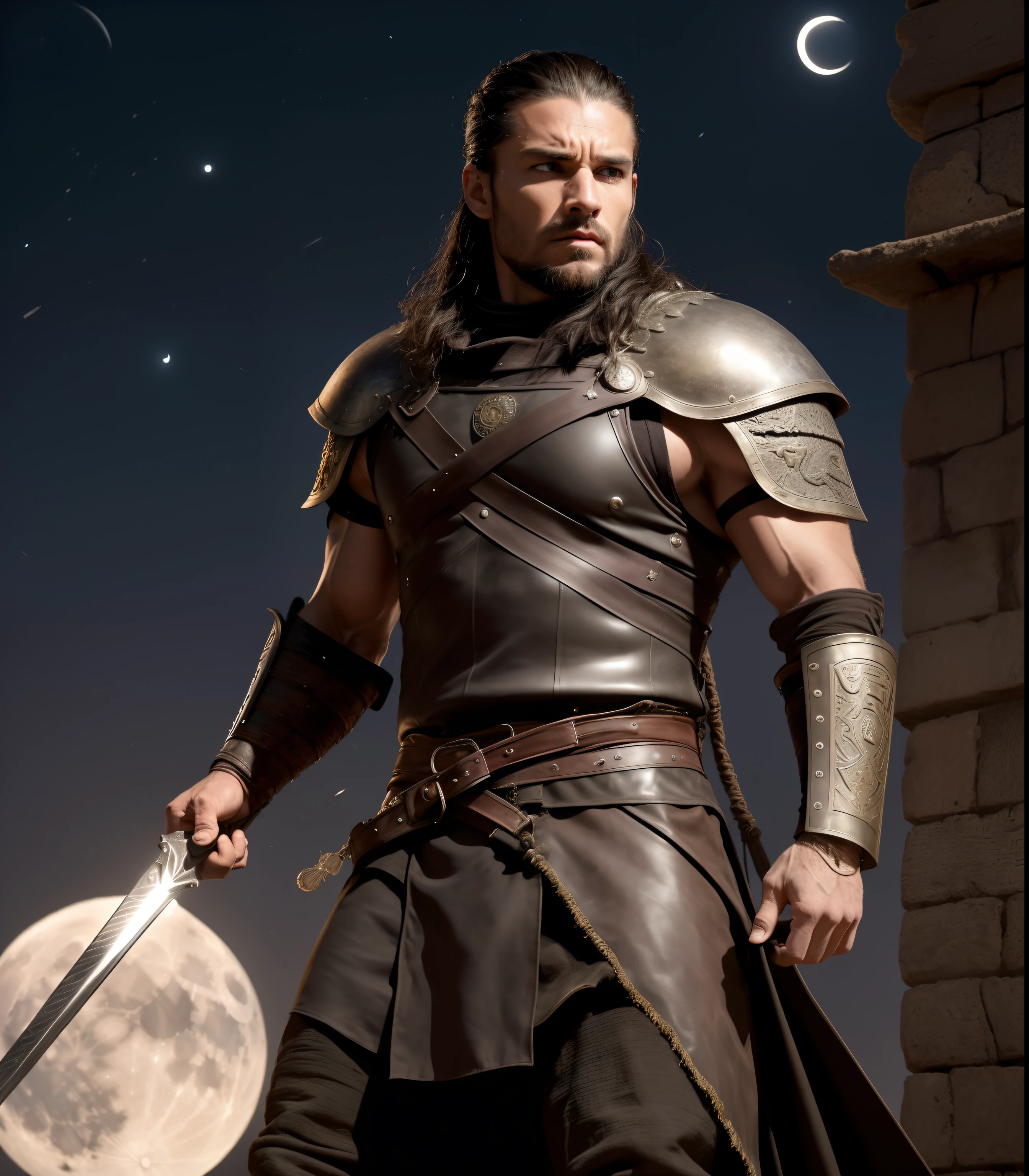 A warrior man,wearing game of thrones clothes,large six packs muscles,(covered, masterpiece, ultra high res, photorealistic, 4k,detailed face,full body,dark yellpw clothes,hand on, perfect breast,thin abs,hold power red sword,close up face,(,legs opened wide),in roof of ancient Pharoah tower at night,(night:1.4),light pulb,large brown shinny  moon behind,(angry eyes focused)