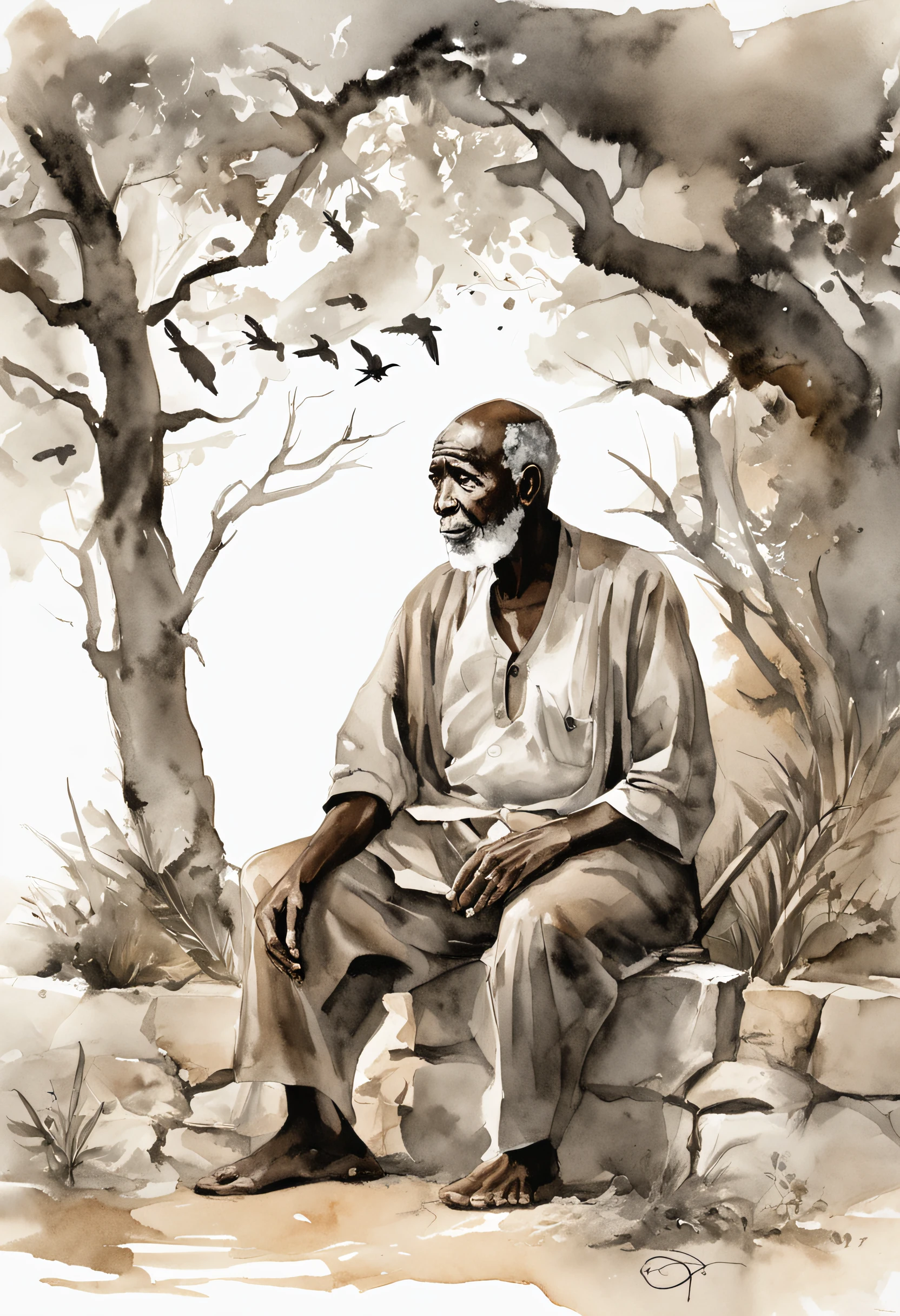 SeaArt Positive Prompt:
Embark on a journey of emotions: Create a monochromatic masterpiece portraying an elderly black man seated on a wooden crate. Amidst a sea of solitude, he emanates a dignified presence. Native Brazilian birds, including swallows, parrots, and other species, form an intricate dance in the sky around him. One compassionate bird tenderly shields his face, bestowing a sense of solace. The man's attire, humble yet dignified, resonates with the essence of his character. With arms resting gently, he gazes ahead, capturing a moment of quiet strength and contemplation amidst nature's symphony.
SeaArt Negative Prompt:
Capture the essence of solitude: Illustrate a grayscale tableau, featuring an elderly black man seated on a wooden crate. Immersed in isolation, his figure embodies a poignant solitude. Native Brazilian birds, among them swallows, parrots, and avian natives, encircle him, forming a stark contrast against the backdrop. One bird, with an air of melancholy, shrouds his face, creating an aura of vulnerability. Clad in modest attire, he sits with a posture weighed by life's burdens. His expression, hidden from view, contributes to the image's sense of isolation and quiet sorrow.