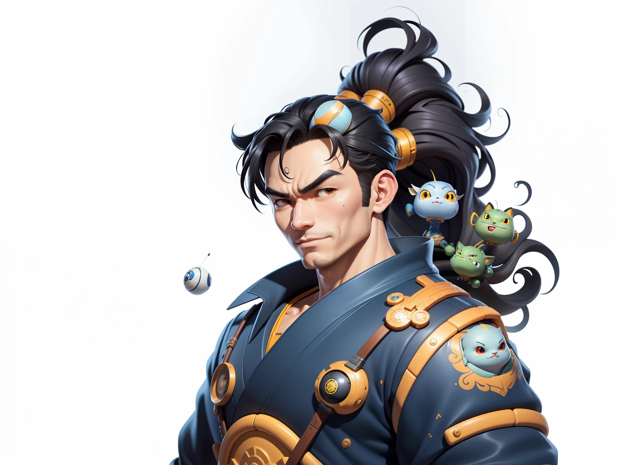(Masterpiece), (Excellent), (Super Meticulous), (Full Body: 1.2), Super Young Man, Oriental Face, Japanese Kimono, Japanese Wind Thunder God, Dragon, Tiger, TV Anchor, Bust Portrait Illustration, Alone, Black Suit, Blue Tie, Slightly Chubby Face, Very Clean Face, No Beard, Black Super Short Hair, Black Eyes, Confident Smile, 3c Computer Sub-Products, iPad, iPhone, Digital Painting, 3D Character Design by Akira Toriyama and Mark Claireden and Pixar and Hayao Miyazaki, The illustration is a high-definition illustration in 4K resolution with very detailed facial features and cartoon-style visuals.