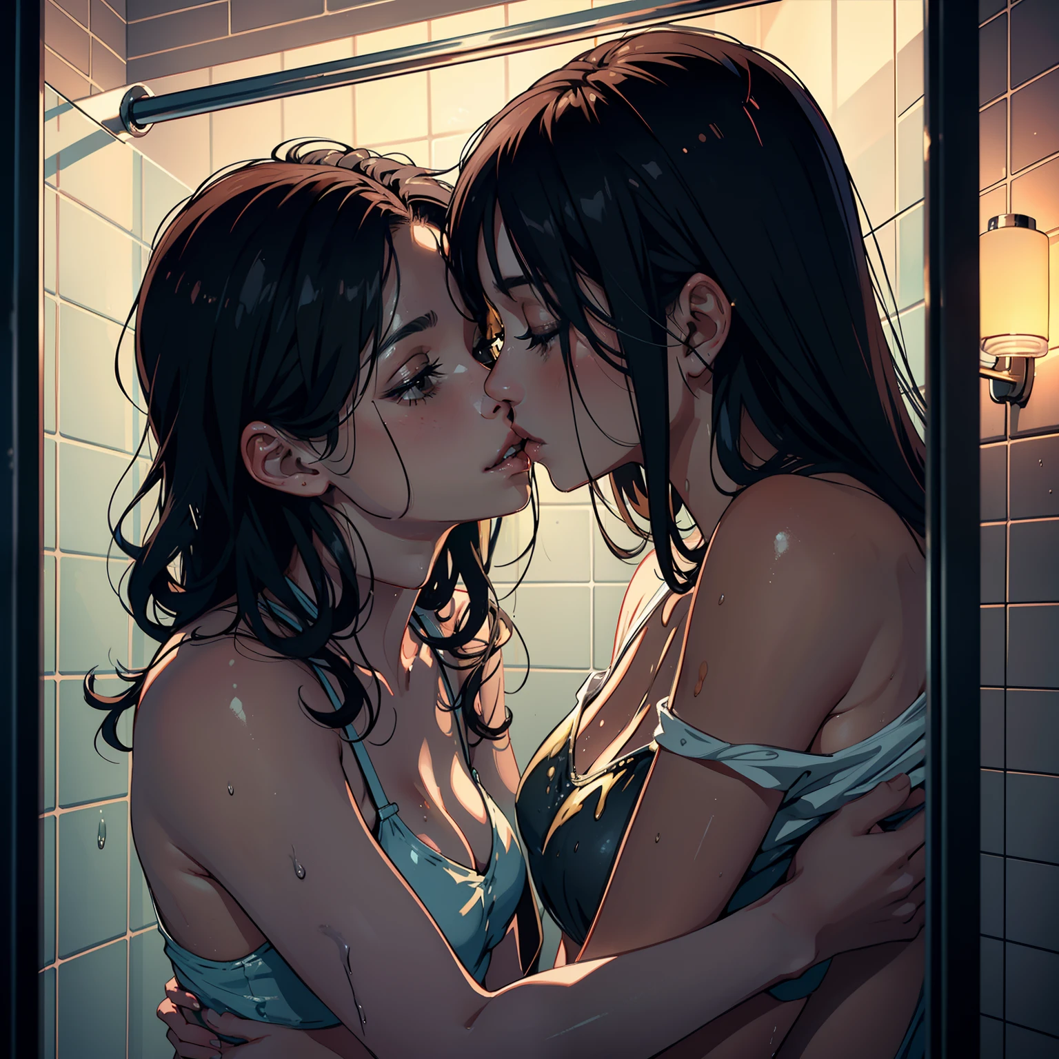 Two women, kissing passionately, lips touching, hugging tight, inside a small bathroom, underneath the shower, fully wet, soaked, lustful kissing