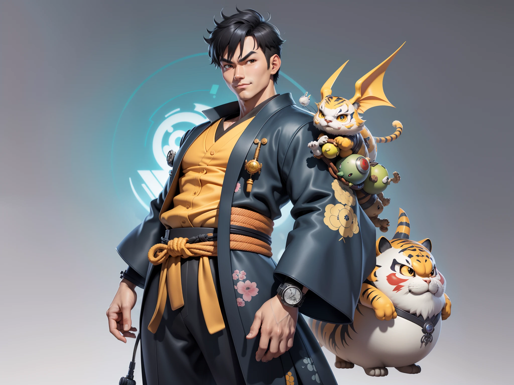(Masterpiece), (Excellent), (Super Meticulous), (Full Body: 1.2), Super Young Man, Oriental Face, Japanese Kimono, Japanese Wind Thunder God, Dragon, Tiger, TV Anchor, Bust Portrait Illustration, Alone, Black Suit, Blue Tie, Slightly Chubby Face, Very Clean Face, No Beard, Black Super Short Hair, Black Eyes, Confident Smile, 3c Computer Sub-Products, iPad, iPhone, Digital Painting, 3D Character Design by Akira Toriyama and Mark Claireden and Pixar and Hayao Miyazaki, The illustration is a high-definition illustration in 4K resolution with very detailed facial features and cartoon-style visuals.