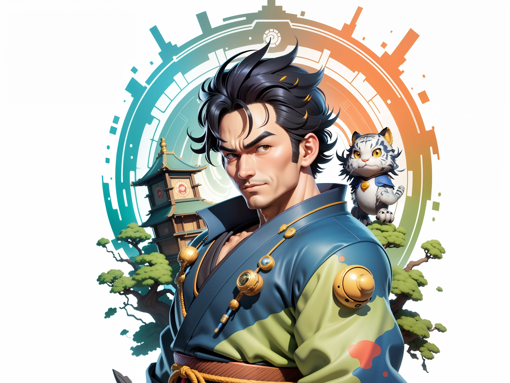 (Masterpiece), (Excellent), (Super Meticulous), (Full Body: 1.2), Super Young Man, Oriental Face, Japanese Kimono, Japanese Wind Thunder God, Dragon, Tiger, TV Anchor, Bust Portrait Illustration, Alone, Black Suit, Blue Tie, Slightly Chubby Face, Very Clean Face, No Beard, Black Super Short Hair, Black Eyes, Confident Smile, 3c Computer Sub-Products, iPad, iPhone, Digital Painting, 3D Character Design by Akira Toriyama and Mark Claireden and Pixar and Hayao Miyazaki, The illustration is a high-definition illustration in 4K resolution with very detailed facial features and cartoon-style visuals.