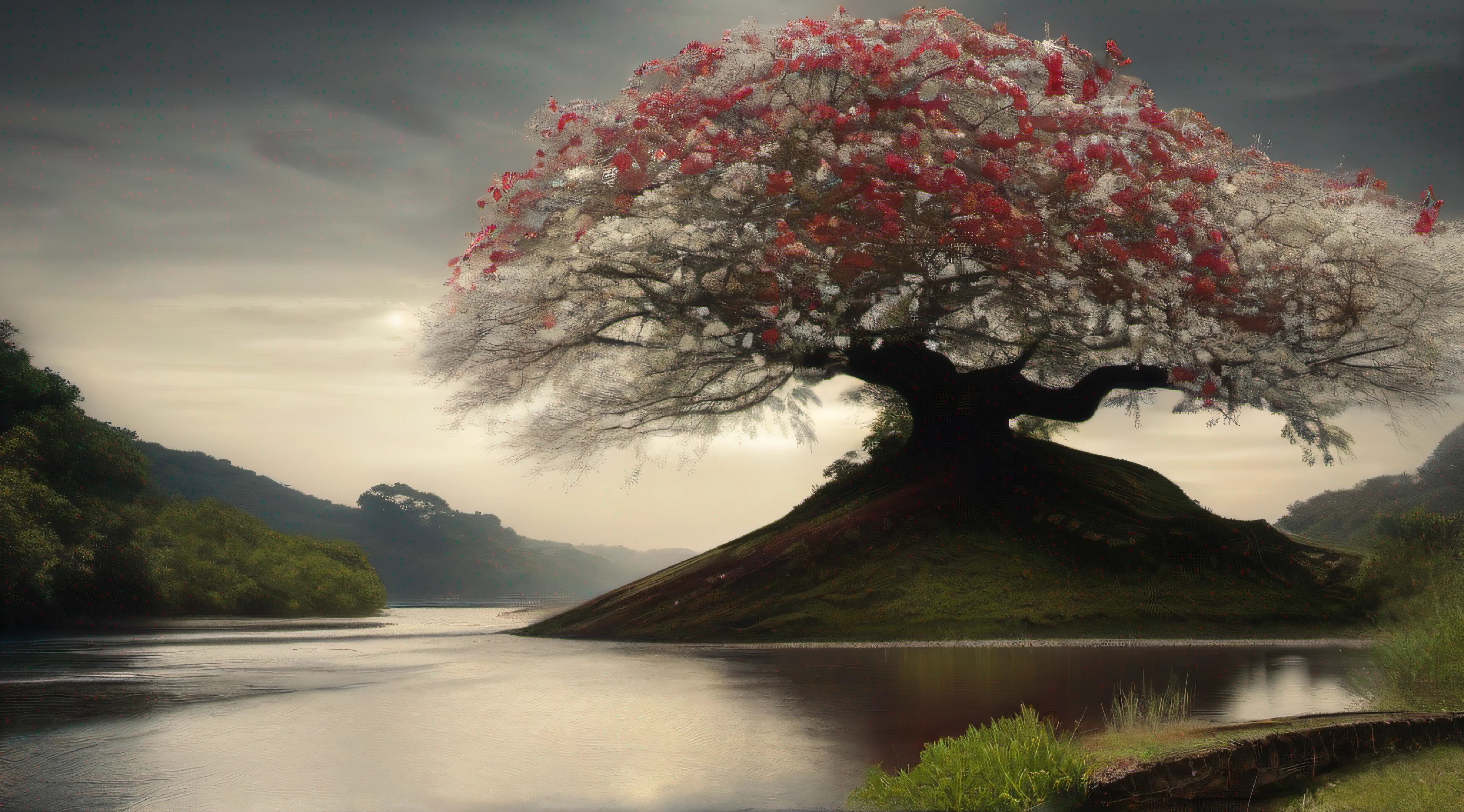em uma colina, A majestic tree sheds white flowers like tears. Her silent cry forms a carpet of ephemeral beauty around her. On the sidelines, um rio vermelho serpenteia, enigmatic and mysterious. The scene is a visual tale of contrasts, where the tree exudes its own melancholy while the river evokes hidden secrets. The harmony between the white tears and the red river is like a poem of nature, with each element telling its own story