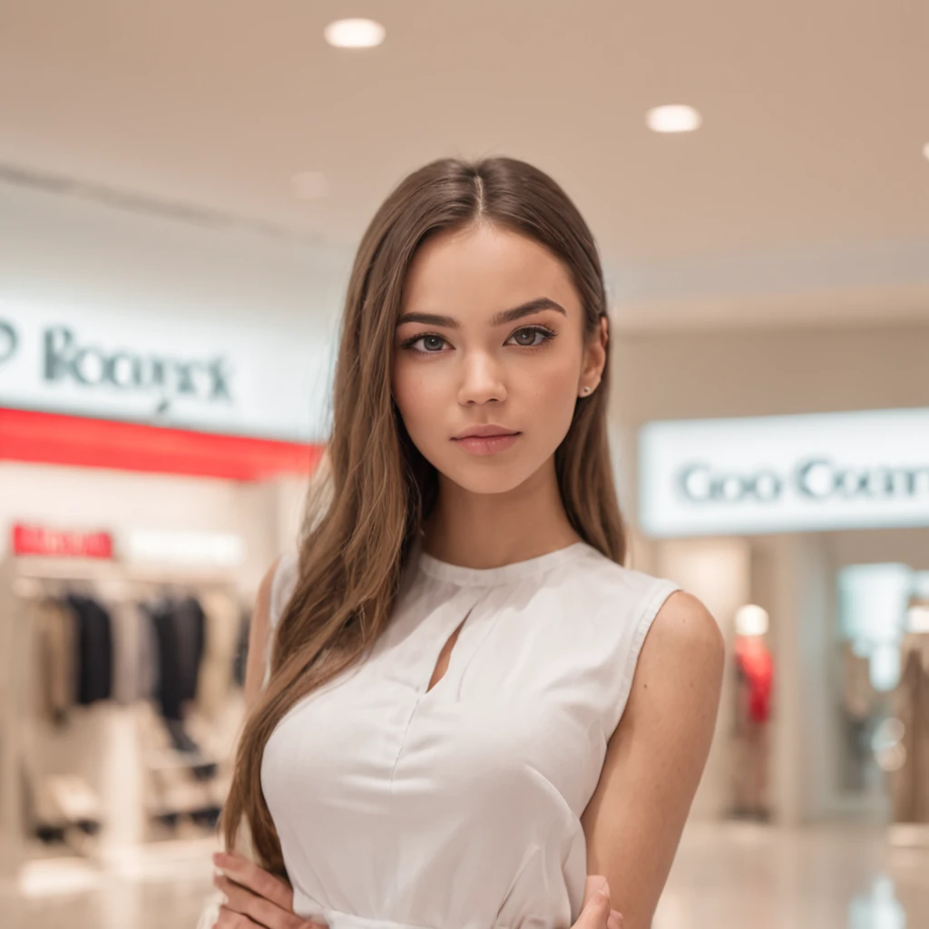 (mikayla demaiter) beautiful 25 year old girl posing in a mall clothing store, brown skin, skinny, flat chest, tiktok, instagram, sarah b. alston and co, associate attorney, best quality, 1girl, blur background, bokeh, (mall:1.4), ((wearing a white shirt)), gorgeous, beautiful detailed sky, (dynamic pose:1), soft lighting, wind, ((portrait:1.4))