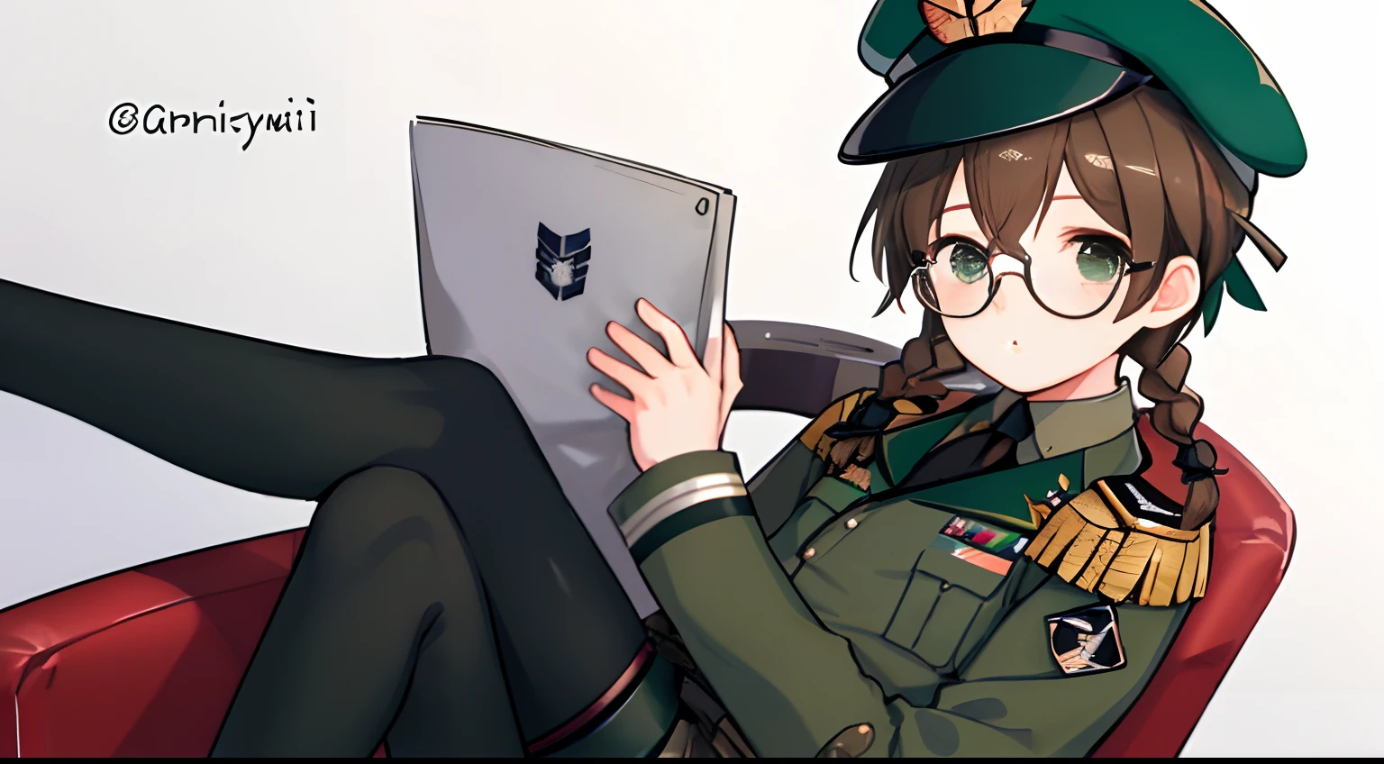 a boy sitting in a chair wearing a hat and glasses, pilot boy, cute pilot boy, brown hair, small side braids, streaming on twitch, an oversized beret, wearing a general\'s uniform, army green clothing, shorts, white pantyhose, anime boy cosplay, eboy, black beret, anime cosplay, military boy, twitter pfp, discord profile picture, wearing newsboy cap, wearing military uniform, inspired by Venti from genshin impact