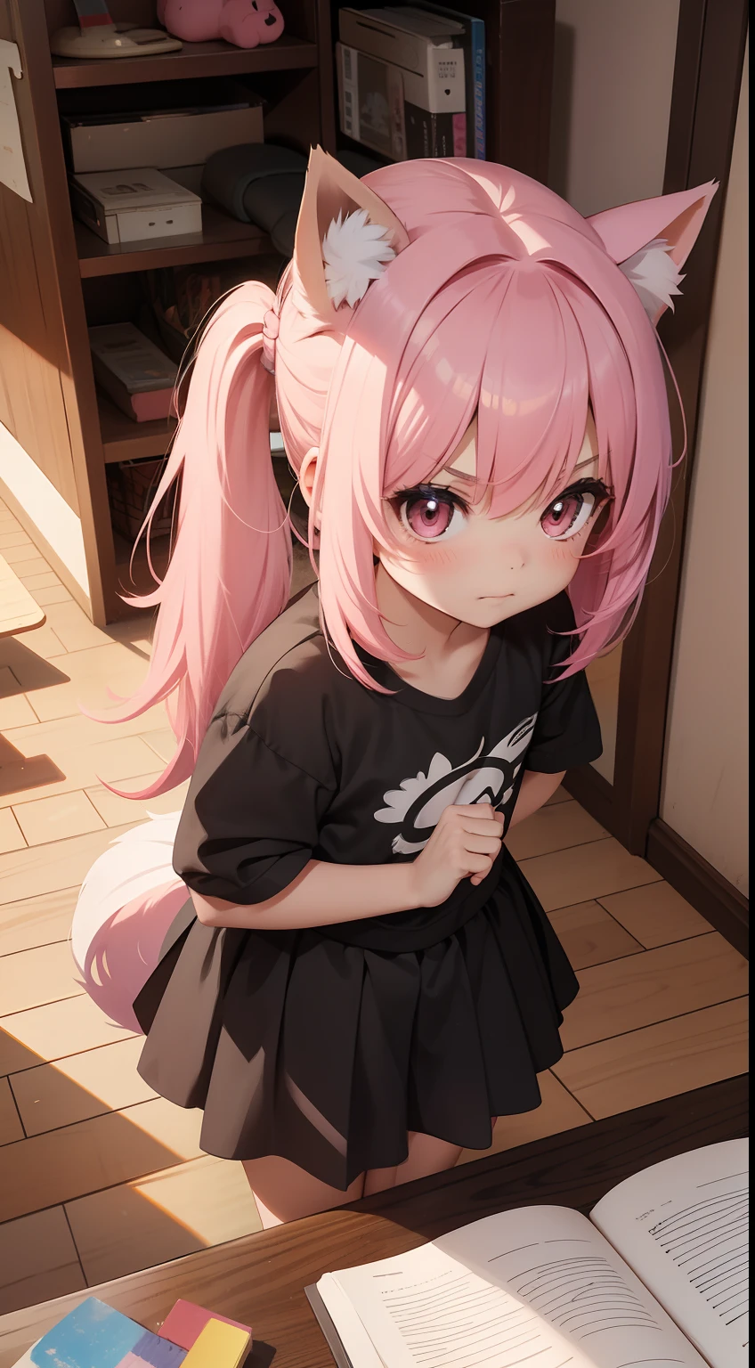 teenage girl，crop top，hot pants，Queen，Shake ack view，Cord，bondage，red eyes，No underwear，pink hair，big ass，playful，stick out your tongue，Smile，sweat，secretion，raised buttocks，love，soaking wet，Cat ear，transparent，bend over，lace，crawling on all fours