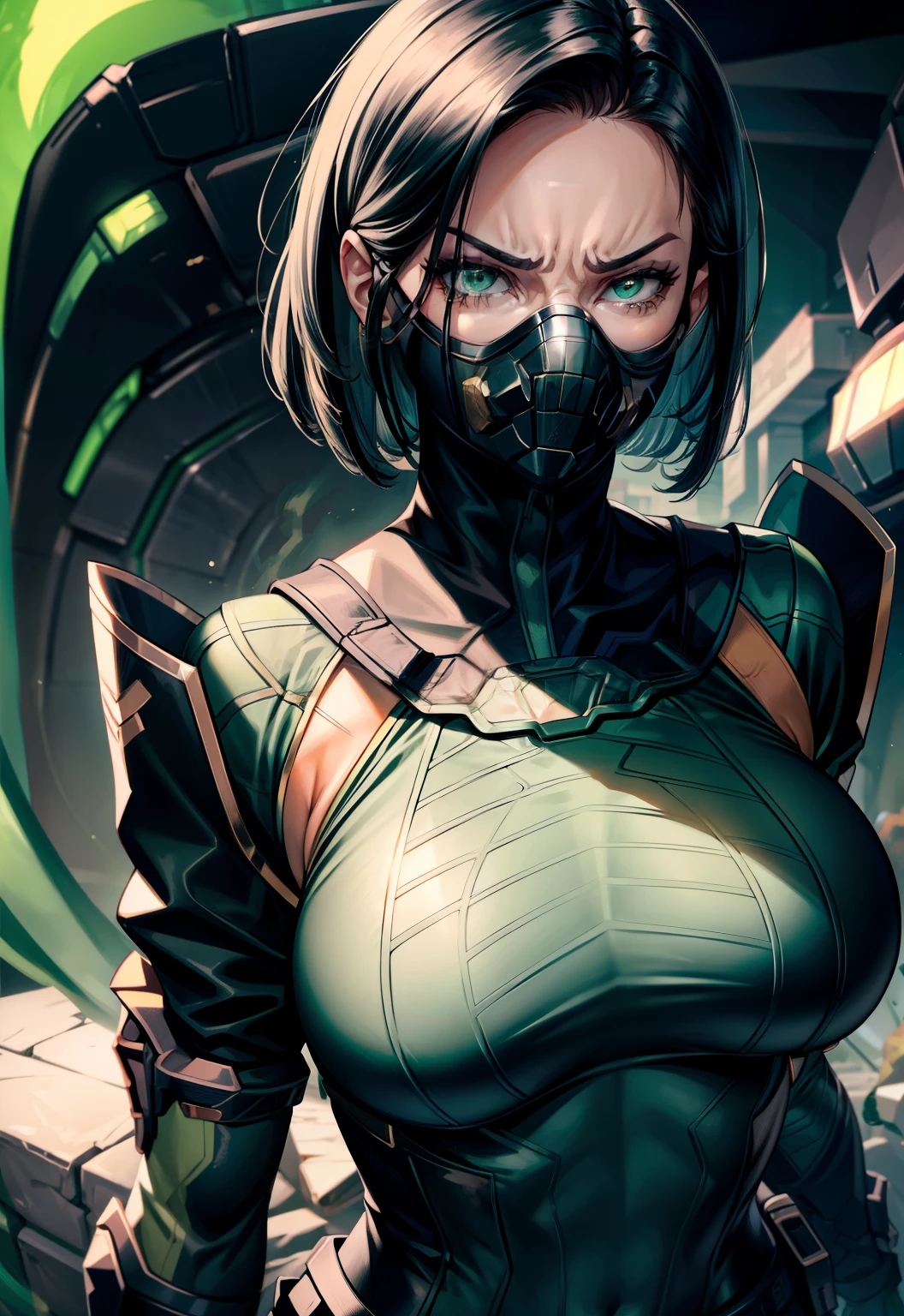 Masterpiece, Best quality,Look at the woman from below ，《Fearless viper》, tightsuit, mitts, belt, thigh boots, respirator, view the viewer, face, Portrait, Close-up, Glowing eyes, green smoke, Black background,huge tit，Raised chest，Close-up of chest，oversized boobs，chest focus，Woman in a swimsuit，angry look，Extremely erotic figure，Staring angrily at the screen，Facing the screen