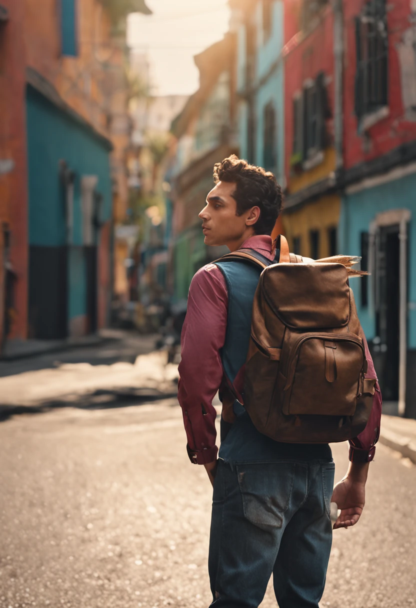 Realistic photo of a college student with black backpack on his back, camisa branca e tom de pele parda, holding a book in your hands.