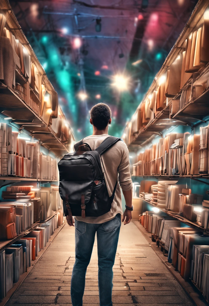 Realistic photo of a college student with black backpack on his back, camisa branca e tom de pele parda, holding a book in your hands.