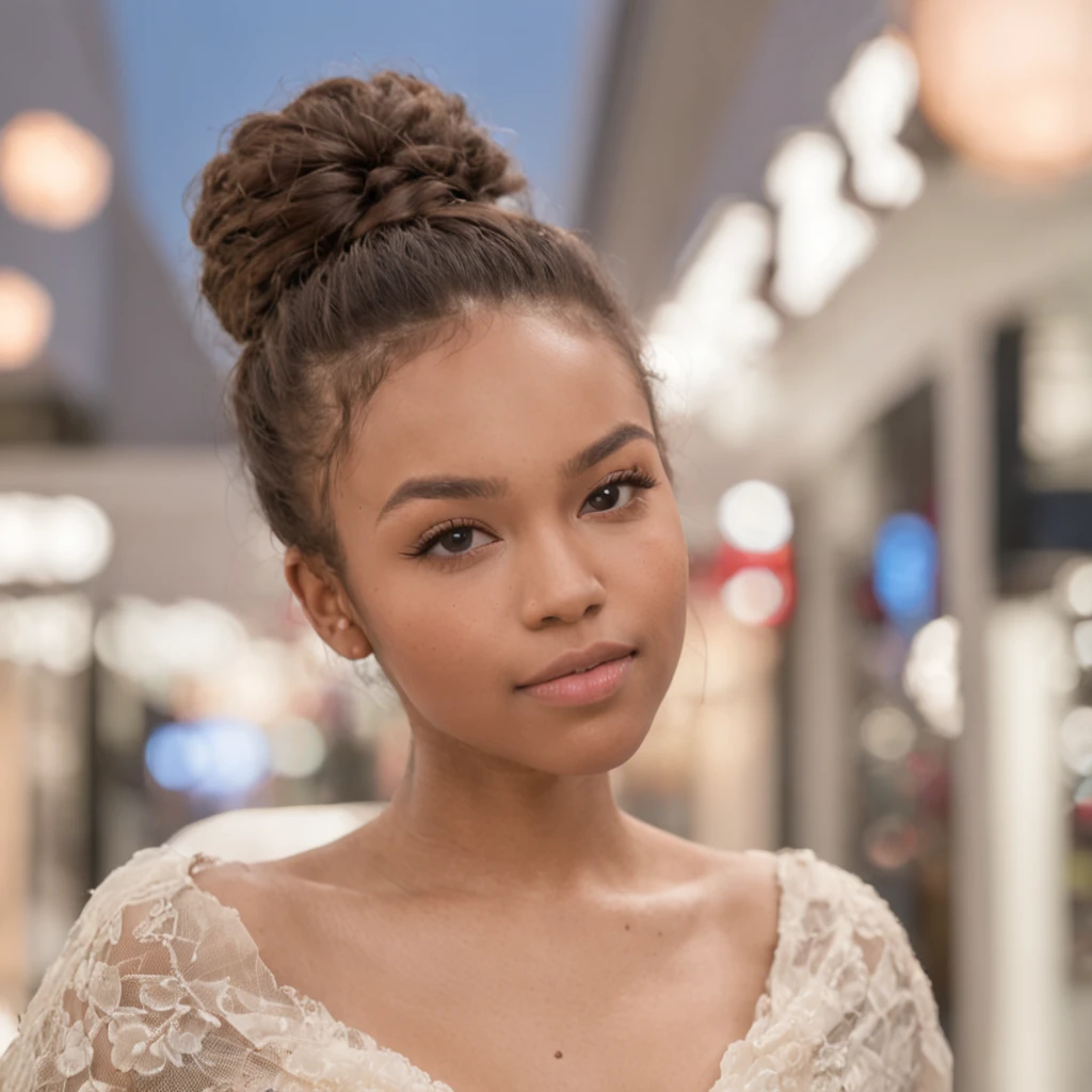 (mikayla demaiter) beautiful 25 year old girl posing in a mall clothing store, African American, brown skin, skinny, flat chest, tiktok, instagram, sarah b. alston and co, associate attorney, best quality, 1girl, blur background, bokeh, (mall:1.4), ((wearing a white shirt)), gorgeous, beautiful detailed sky, (dynamic pose:1), soft lighting, wind, ((portrait:1.4))