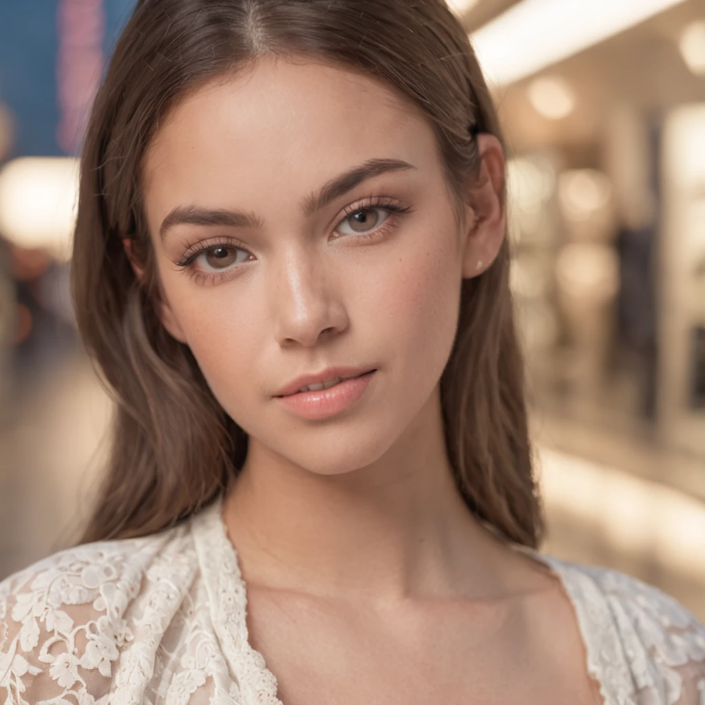 (mikayla demaiter) beautiful 25 year old girl posing in a mall clothing store, African American, brown skin, skinny, flat chest, tiktok, instagram, sarah b. alston and co, associate attorney, best quality, 1girl, blur background, bokeh, (mall:1.4), ((wearing a white shirt)), gorgeous, beautiful detailed sky, (dynamic pose:1), soft lighting, wind, ((portrait:1.4))