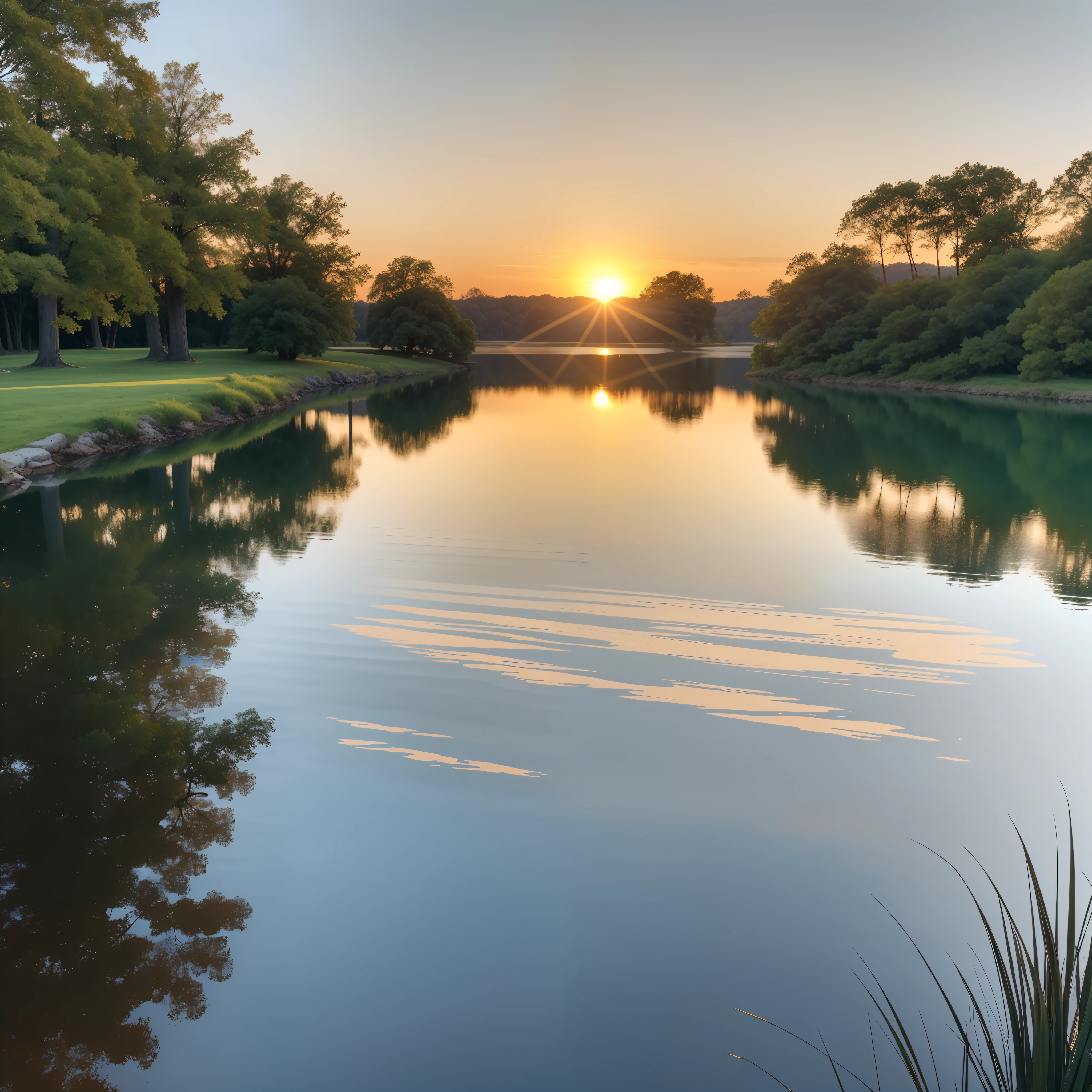 "Capture the serenity of a vintage era by painting a scene at sunset by a big lake. The sun's warm glow dances on the shimmering lake water, illuminating the tranquil setting. Long grass gently sways in the breeze beside the water, adding to the sense of calm. Focus on the intricate details of the water's reflection and the nostalgic charm of the surroundings."