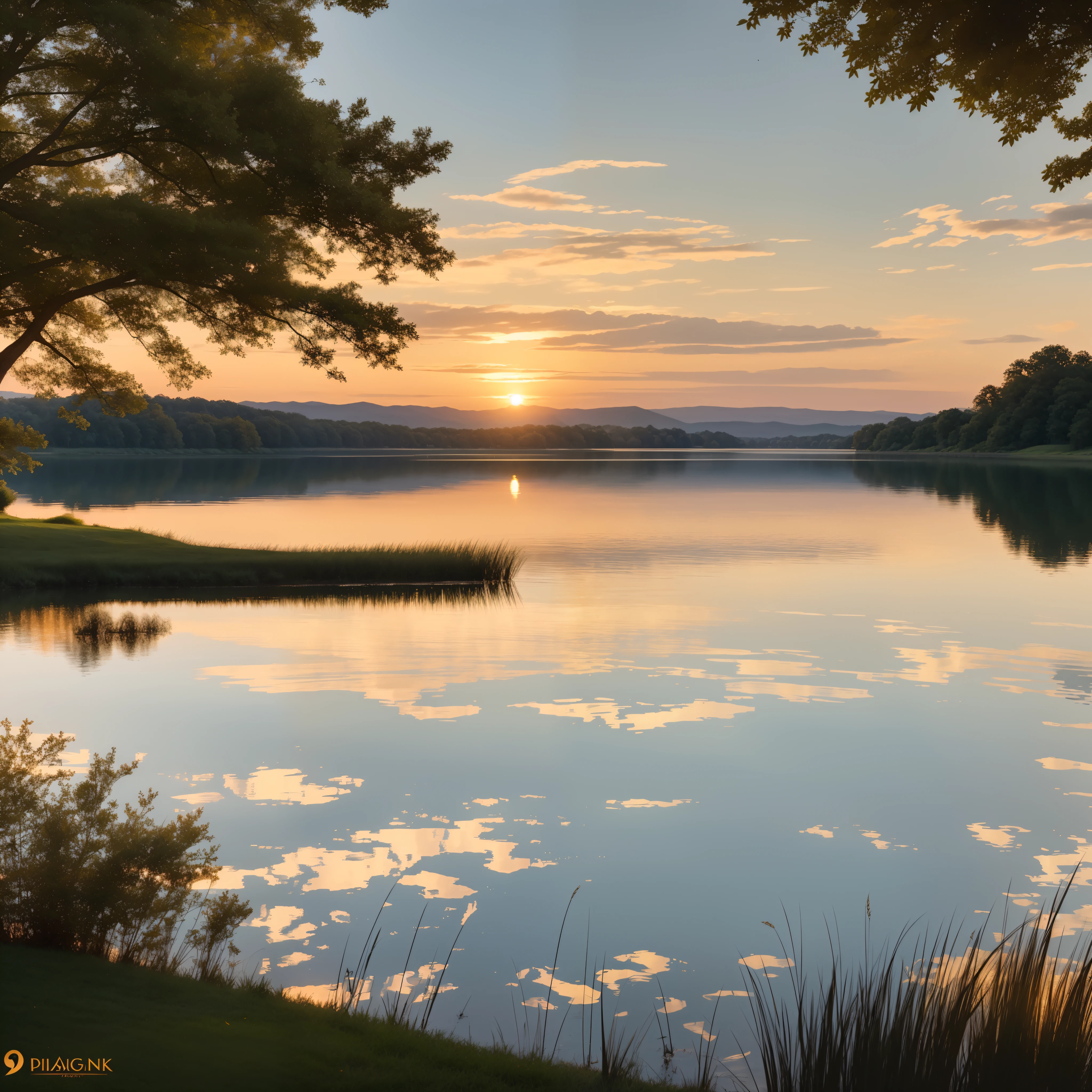"Capture the serenity of a vintage era by painting a scene at sunset by a big lake. The sun's warm glow dances on the shimmering lake water, illuminating the tranquil setting. Long grass gently sways in the breeze beside the water, adding to the sense of calm. Focus on the intricate details of the water's reflection and the nostalgic charm of the surroundings."