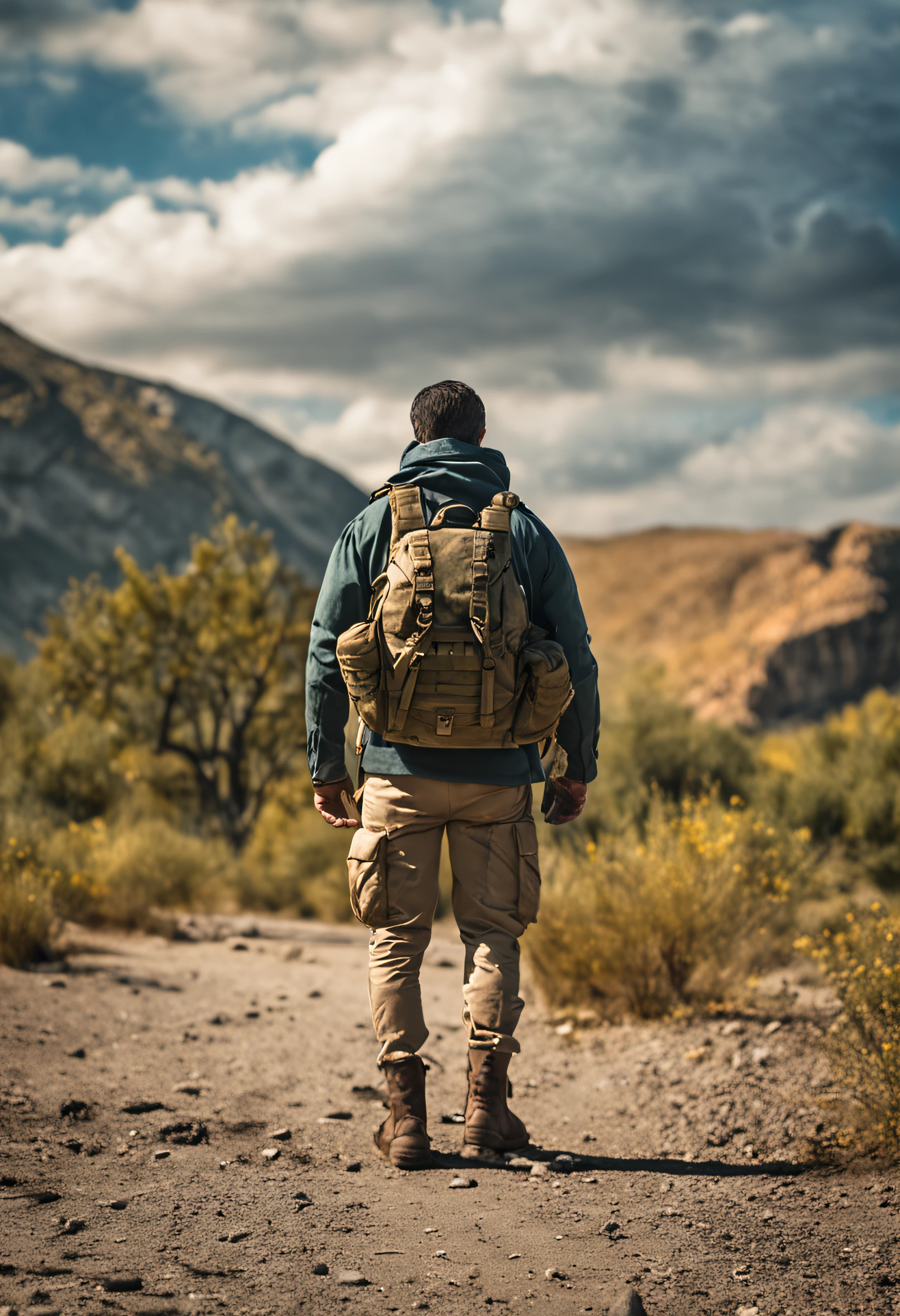 Create a realistic photo of a soldier of the Latin army, with an average age of 30 years old covering a college student with a backpack on his back and a book in his hands, with an average age of 22 years from a public college.