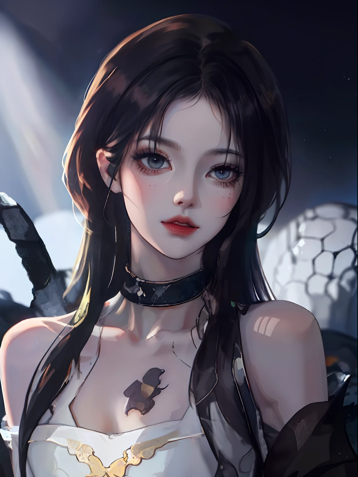 Best quality, masterpiece, ultra high res, 1girl, scorpio girl, scorpion, scorpio zodiac, scorpio zodiac girl, girl scorpio, scorpion tail in behind, upper body, face detail, eyes detail, 8k, detail, high definition, scorpion in her shoulder, scorpion on shoulder, a scorpion on her shoulder, a scorpion on her shoulder, a little scorpion, scorpion, logo scorpio zodiac in her chest, scorpio sign in her chest, scorpio zodiac, zodiac, scorpio zodiac, sexy, in the dark, deep shadow, low key, cold light, dynamic light, cinematic lighting, cinematic lighting, mature woman, face closeup, face detail, red lips detail,