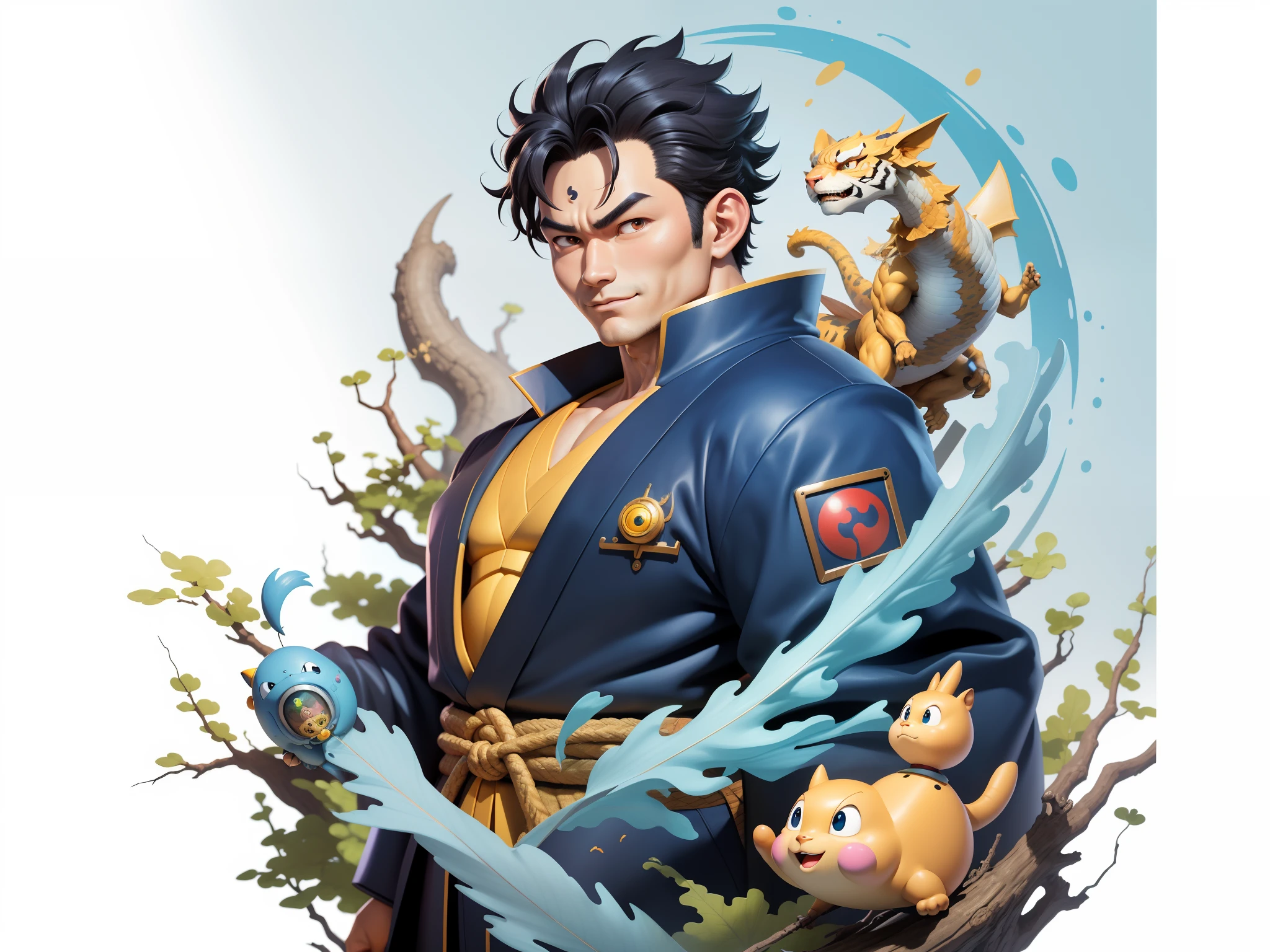 (Masterpiece), (Excellent), (Super Meticulous), (Full Body: 1.2), Super Young Man, Oriental Face, Japanese Kimono, Japanese Wind Thunder God, Dragon, Tiger, TV Anchor, Bust Portrait Illustration, Alone, Black Suit, Blue Tie, Slightly Chubby Face, Very Clean Face, No Beard, Black Super Short Hair, Black Eyes, Confident Smile, 3c Computer Sub-Products, iPad, iPhone, Digital Painting, 3D Character Design by Akira Toriyama and Mark Claireden and Pixar and Hayao Miyazaki, The illustration is a high-definition illustration in 4K resolution with very detailed facial features and cartoon-style visuals.