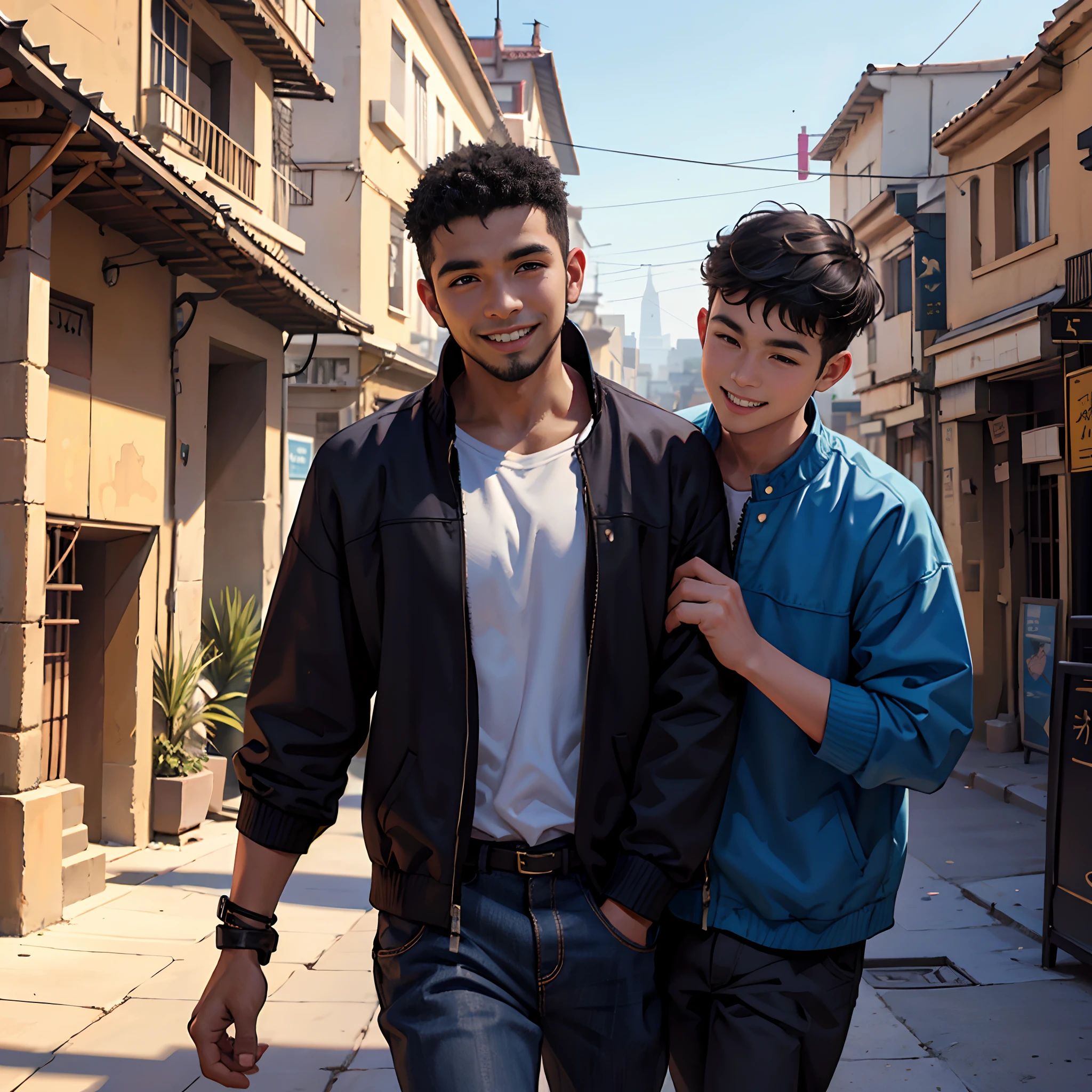 o tipico del antiguo egipto, caminando, sonriendo por las calles de una moderna ciudad un amigo cernaco se acerca por atras y lo abraza
