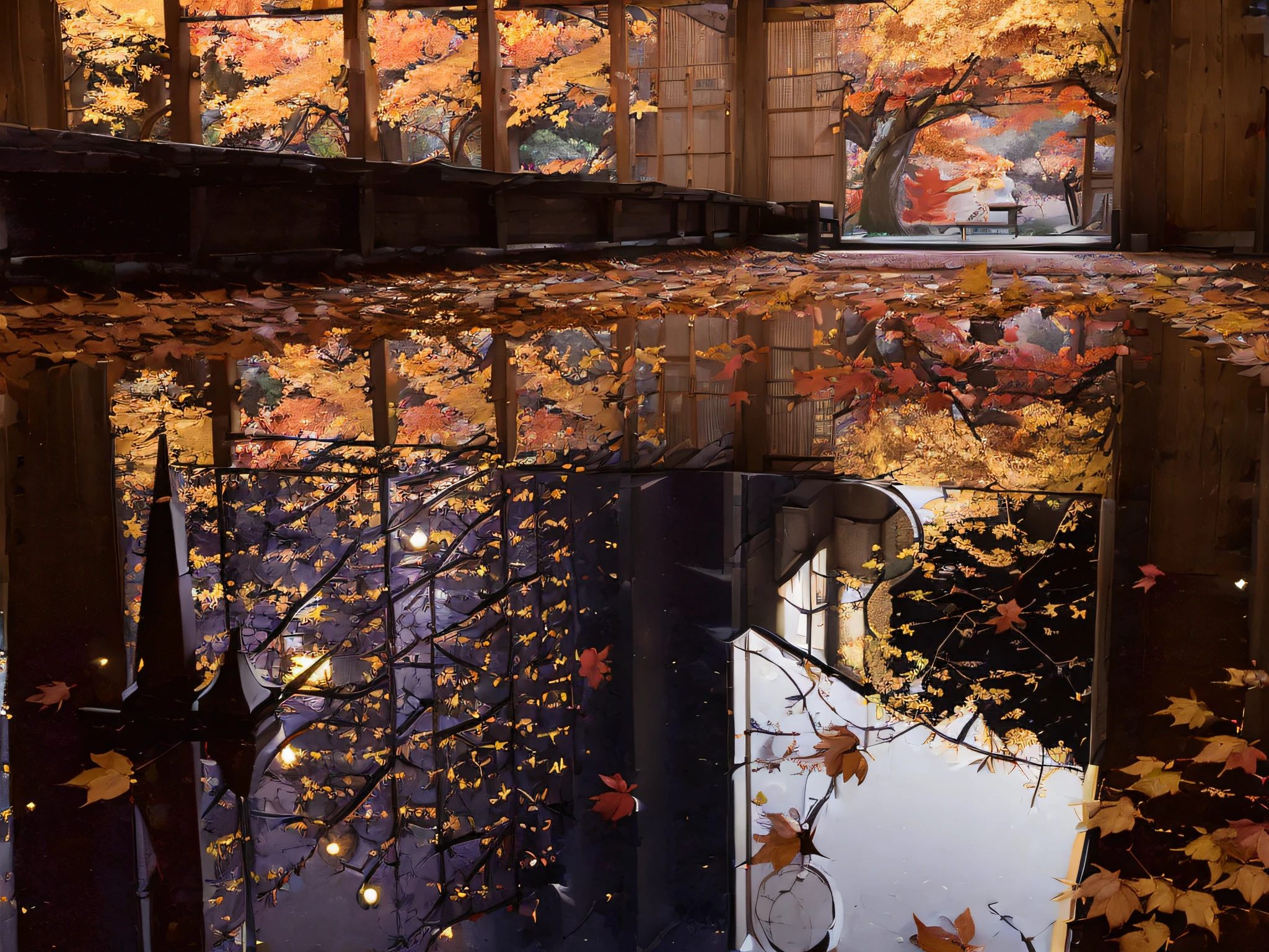 ((((night situation:1.5)))), An illustration of the scenery of the autumn leaves are depicted in a double layer due to the mirror reflection of Korin-in, Daitoku-ji Temple. at night, ultra-detailed, hyper-sharp, digital illustration, Place: Daitokuji Korin-in room Time: Autumn Subject: A specular reflection of autumn foliage The illustration depicts the specular reflection of autumn leaves on a table in the interior of Daitokuji Korin-in Temple. The table is in a room with a calm atmosphere like a tea room. The scenery of autumn leaves is clearly projected on the table. The scenery of autumn leaves is thought to have been seen from famous spots for autumn leaves such as the Sanmon Gate and Hojo in the precincts of Daitokuji Temple. The autumn leaves are dyed in various colors such as red, yellow, and orange, creating an atmosphere of autumn. (((In the illustration, the autumn leaves are depicted in a double layer due to the mirror reflection: 1.5))), which further emphasizes the beauty of the autumn leaves. In addition, the mirror reflection connects the interior and the landscape of the precincts, giving a sense of the depth of the space. Fittings such as shoji and fusuma in the room light from window Vividly expressing the colors of autumn leaves Emphasizing the beauty of autumn leaves by mirror reflection Expressing a space where the interior and the scenery of the precincts are connected