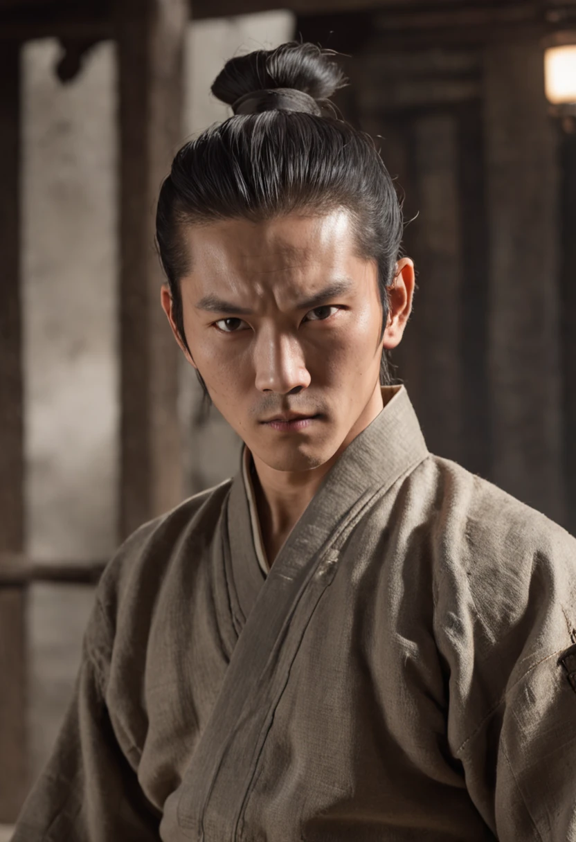 Martial arts novel Dragon Babu Gang leader Qiao Feng,Looks like Bruce Lee, 80KG,180CM , Tall and strong,Long hair,The face is densely covered with short whisker roots,Darkening of the skin, Burlap
