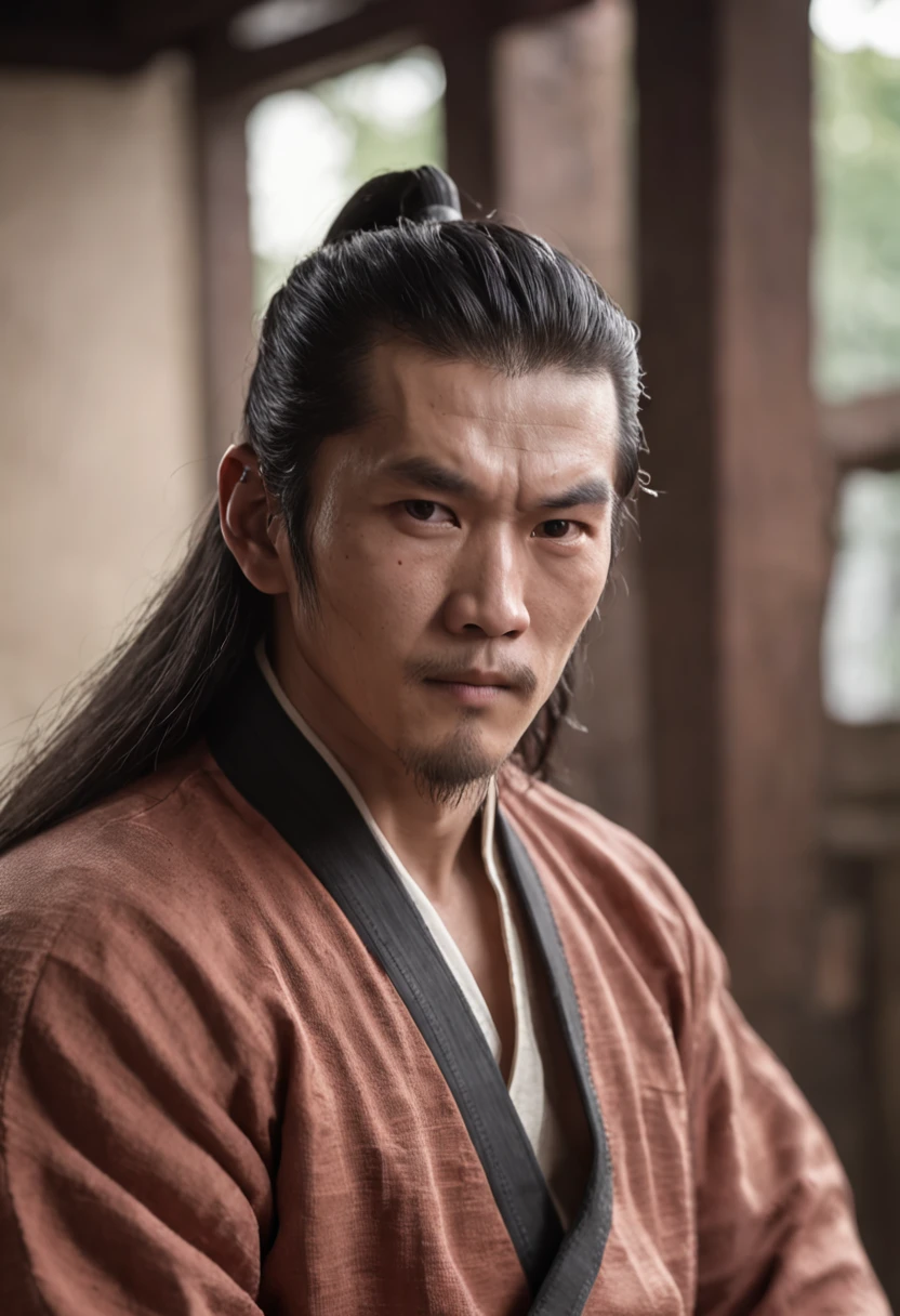Martial arts novel Dragon Babu Gang leader Qiao Feng，Looks like Bruce Lee, 80KG,180CM , Tall and strong，Long hair，The face is densely covered with short whisker roots，Darkening of the skin， Burlap